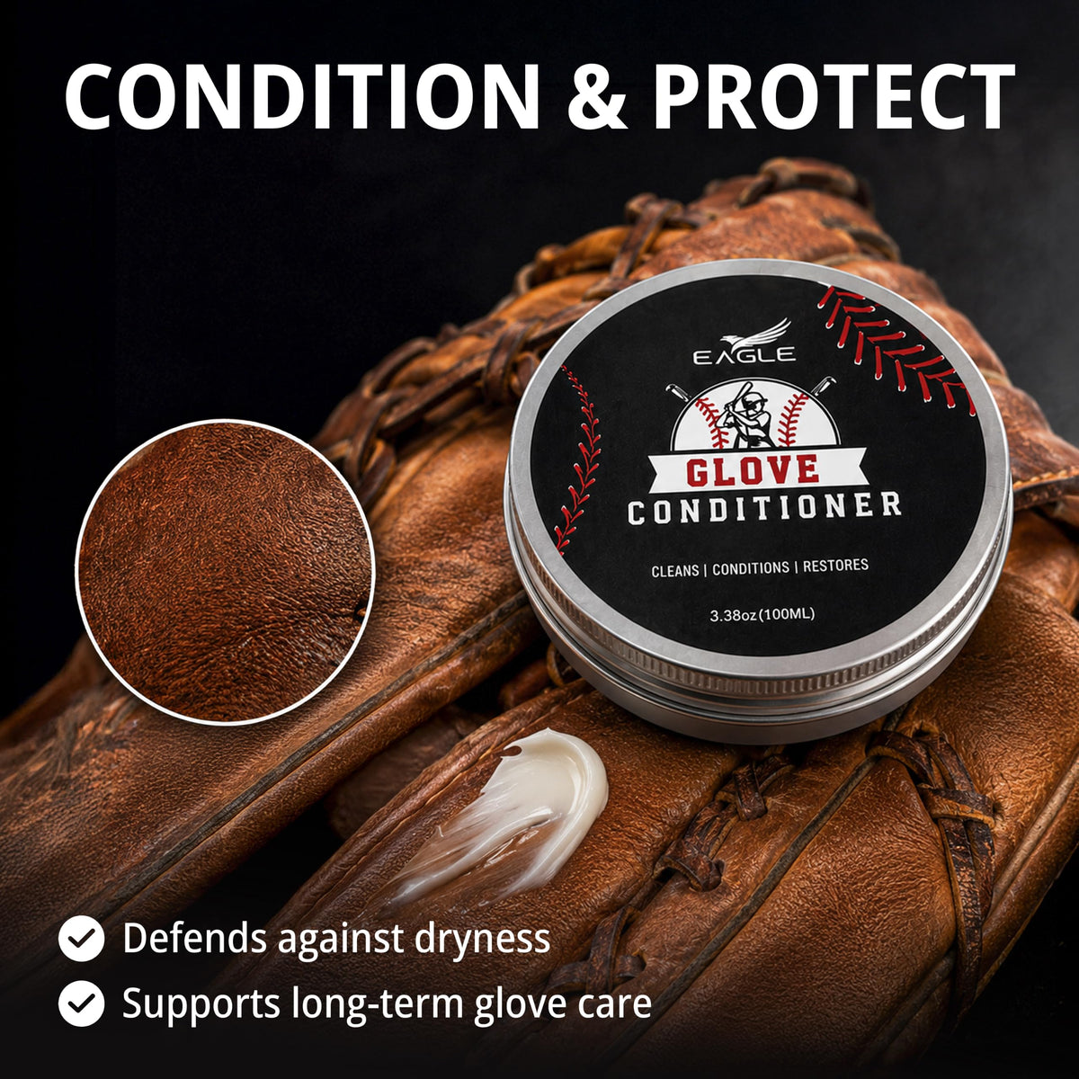Eagle Baseball Glove Care Kit – Glove Cleaner (8oz), Oil (8oz), Conditioner (3.38oz), 2 Applicators & Cloth – Complete Leather Glove Maintenance Kit for Baseball, Softball, Catcher’s Mitts & More