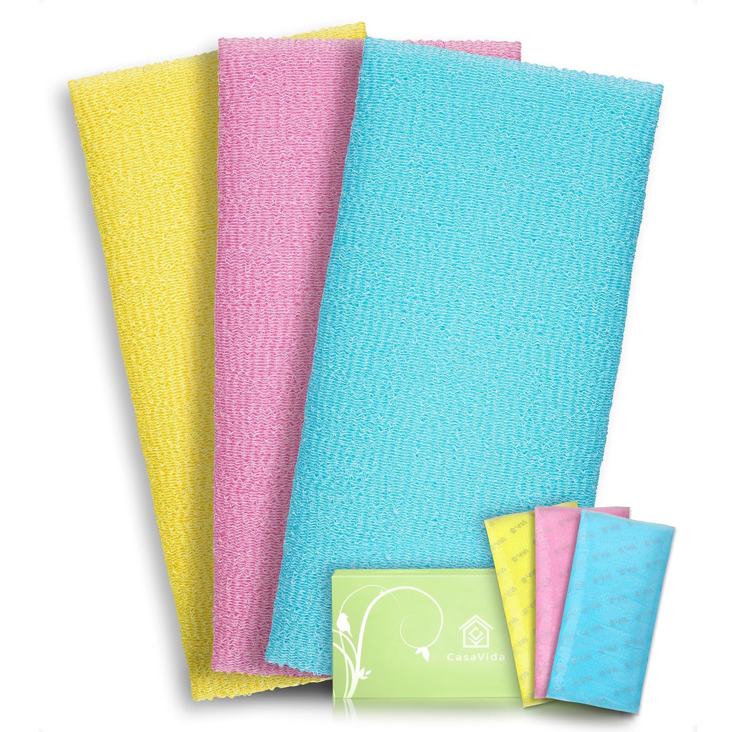 Buy now CASAVIDA Exfoliating Washcloth Back Scrubber for Shower Exfoliating Body Scrubber Japanese Beauty Washcloth African Net Sponge Bath Korean Loofah Towel Wash Cloth Shower Scrub Towel 3 Pack (Pink x 3) Blue + Yellow + Pink at indiglob india