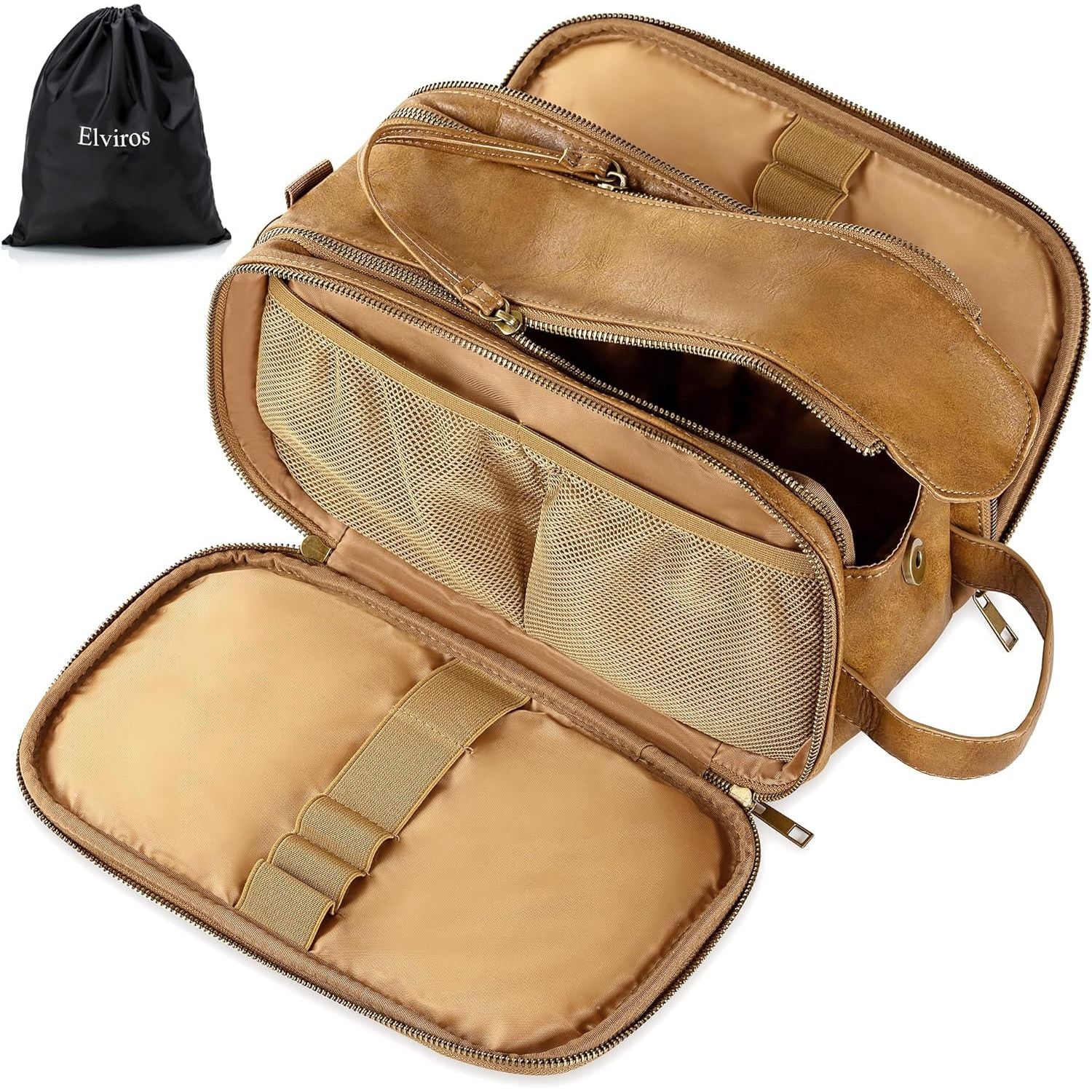 Buy now Elviros Toiletry Bag for Men, Large Travel Shaving Dopp Kit Water-resistant Bathroom Toiletries Organizer PU Leather Cosmetic Bags Large (Pack of 1) Toffee at indiglob india
