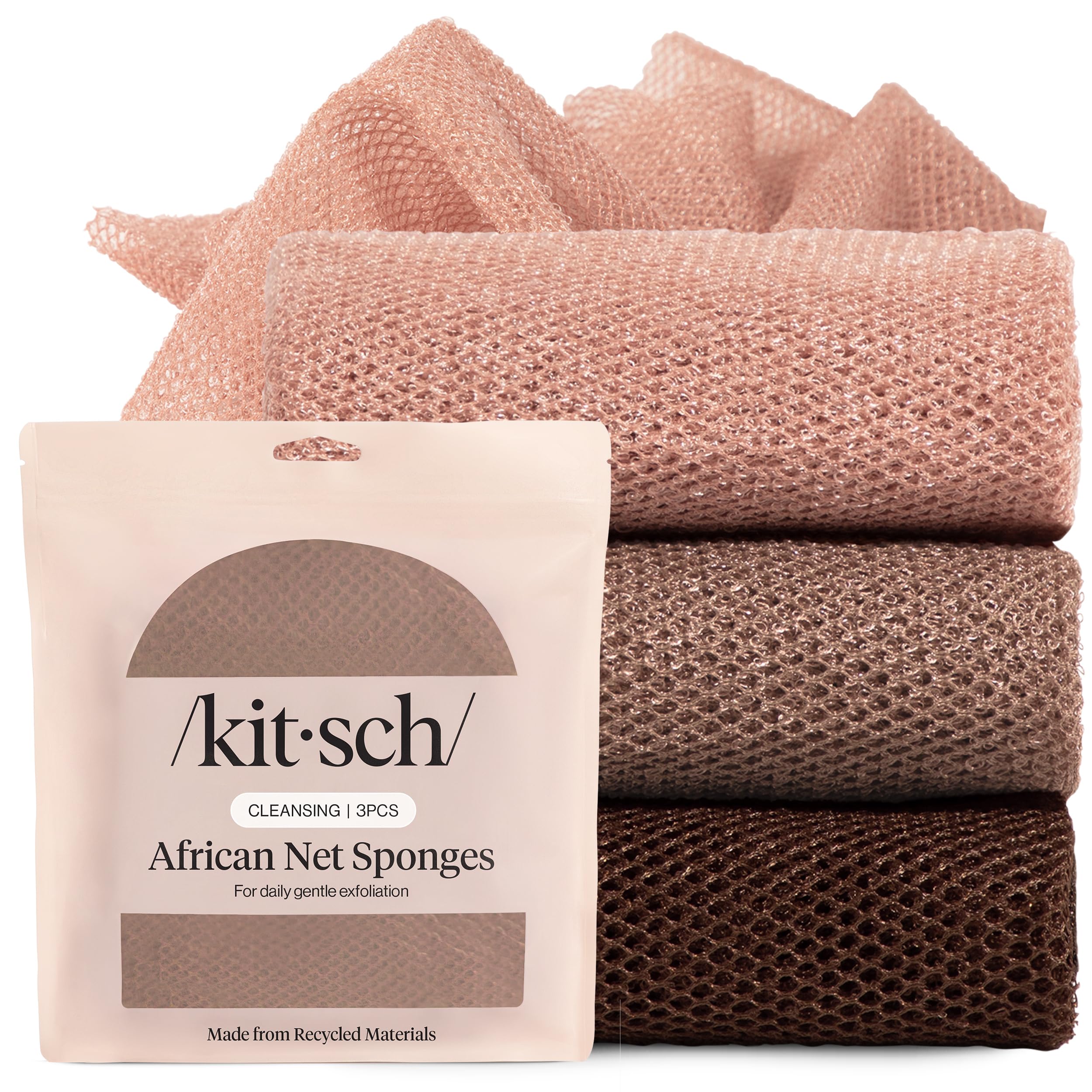 Kitsch African Net Sponge – Exfoliating Body Scrubber – Rosewood, 3 Pcs | for Cleansing & Gentle Daily Exfoliation – Stretchable Bath Sponge for Hard-to-Reach Areas – Long-Lasting Shower Essential