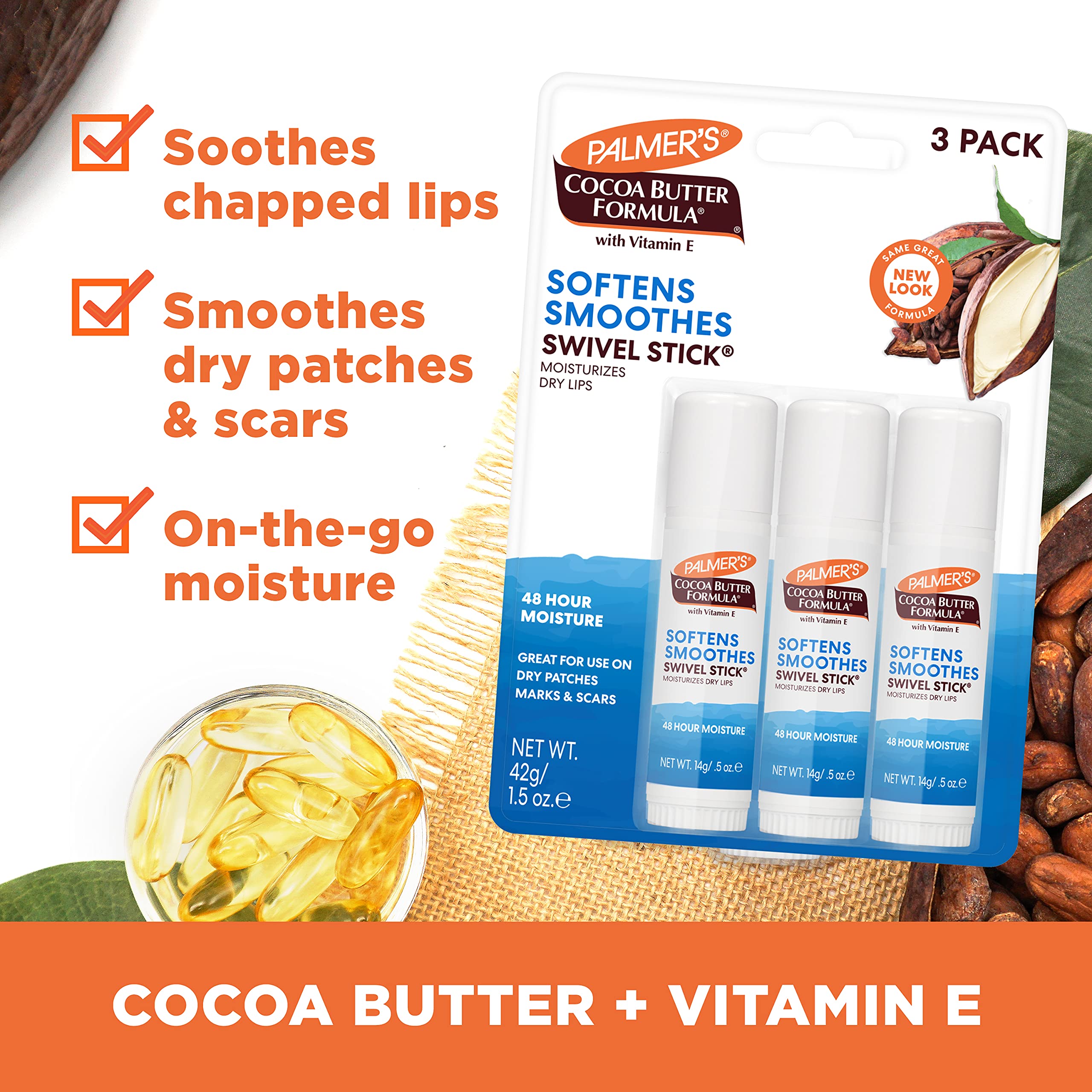 Palmer's Cocoa Butter Lip Balm & Face Body Moisturizer Sticks (Pack of 3) | Face and Body Swivel Stick with Vitamin E, Softens and Smooths, Suitable for Treating Dry Skin Patches, Scars, Marks