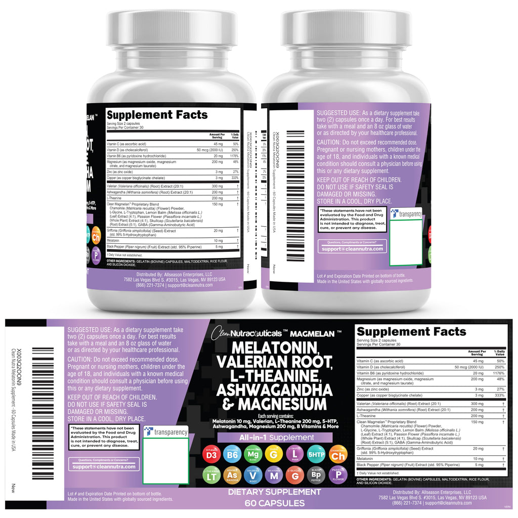 Clean Nutraceuticals Melatonin 10mg Valerian Root L Theanine 200mg Ashwagandha - Sleep Support for Women & Men with Magnesium Complex, Lemon Balm, Chamomile, & Passion Flower - 60 Caps