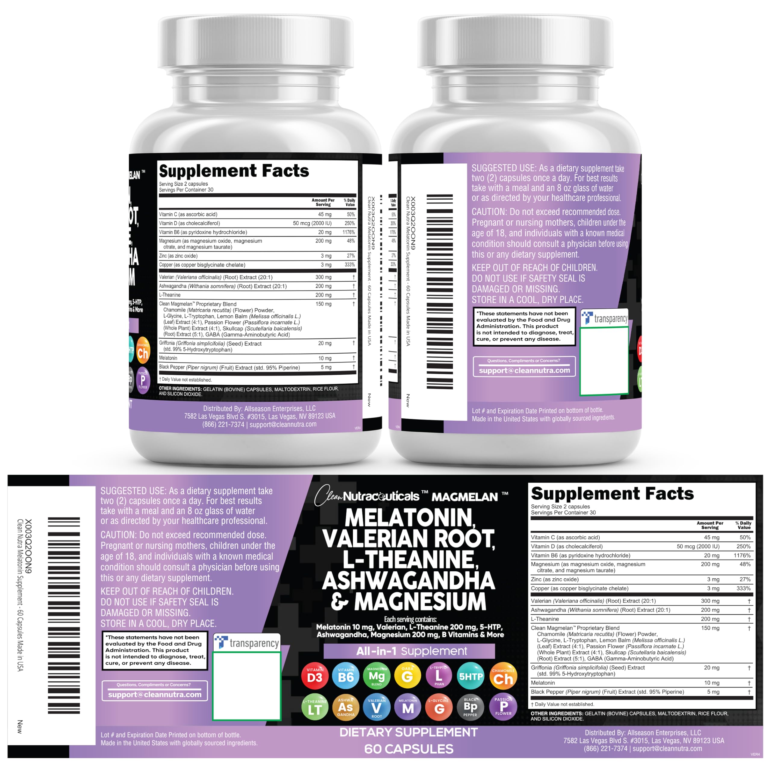 Clean Nutraceuticals Melatonin 10mg Valerian Root L Theanine 200mg Ashwagandha - Sleep Support for Women & Men with Magnesium Complex, Lemon Balm, Chamomile, & Passion Flower - 60 Caps