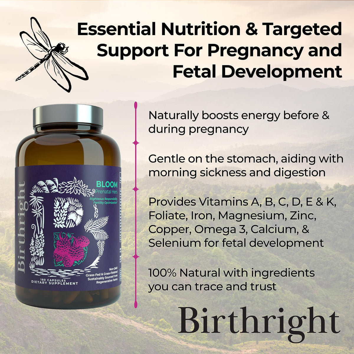 Birthright Bloom Prenatal Vitamins – Whole Food, Grass-Fed Liver, 180 Count