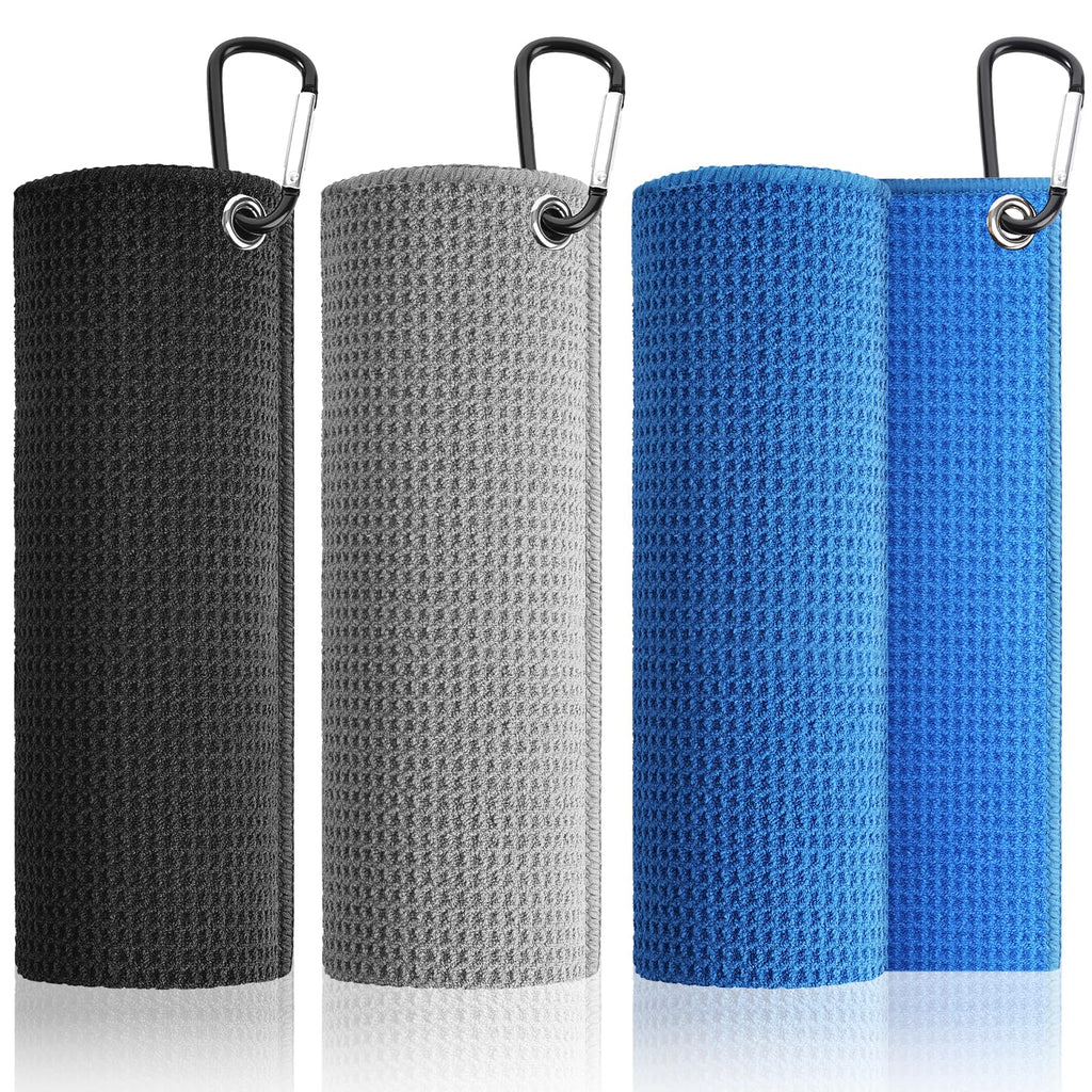 3 Pack Golf Towels (16"x16") with Carabiners, Durable Microfiber