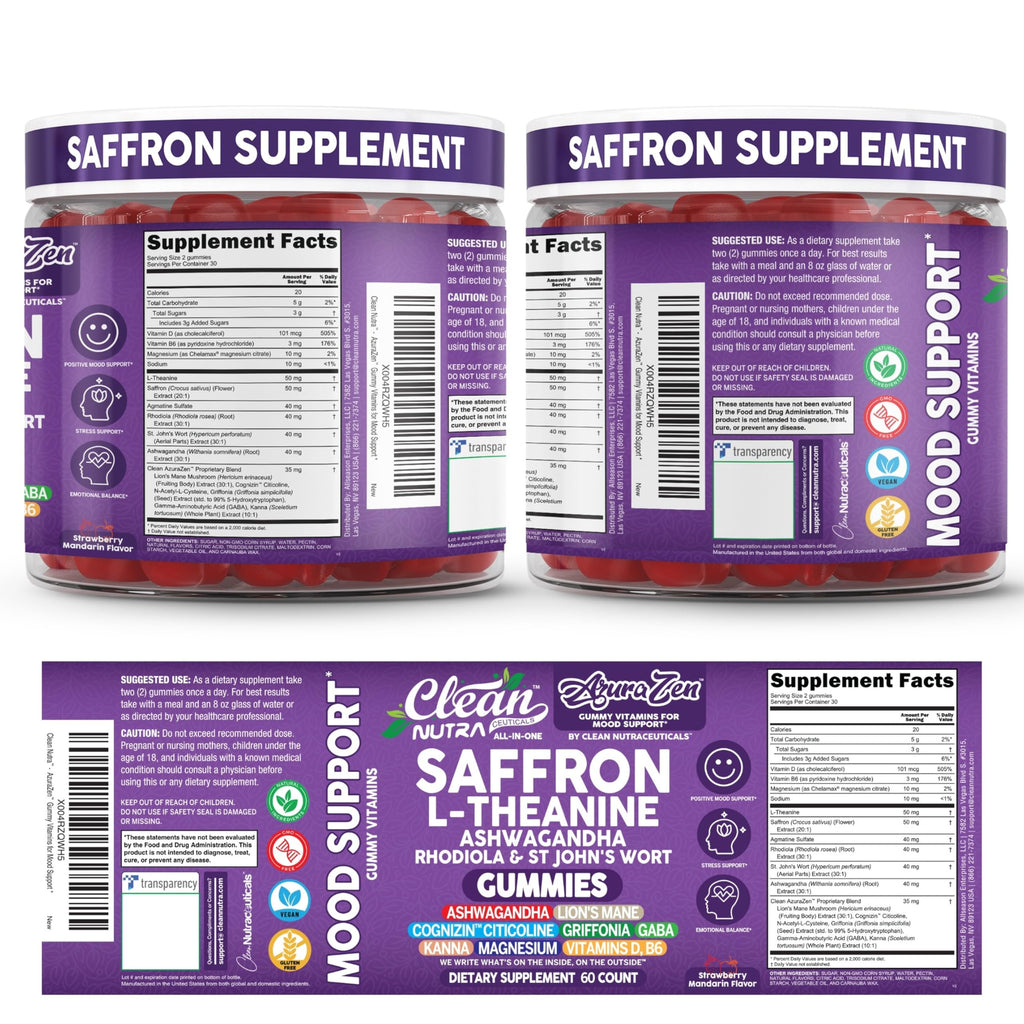 AuraZen Mood Support Saffron Gummies L-Theanine Ashwagandha Rhodiola St John's Wort Lions Mane GABA Vitamin D Magnesium Supplement | Calm Vegan Plant-Based Herbal Gummy By Clean Nutra