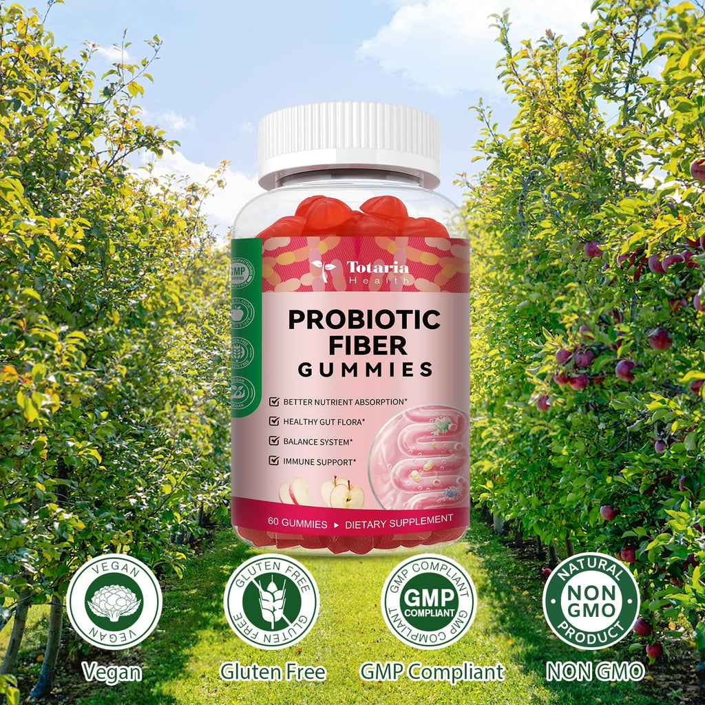 9-in-1 Sugar-free Probiotic Fiber Gummies for Adults Teens, Apple 2 Bottles | Fiber Supplement w/ Psyllium Husk, Bacillus Coagulans, FOS, Inulin, Apple Cider Vinegar for Digestion & Gut, Vegan