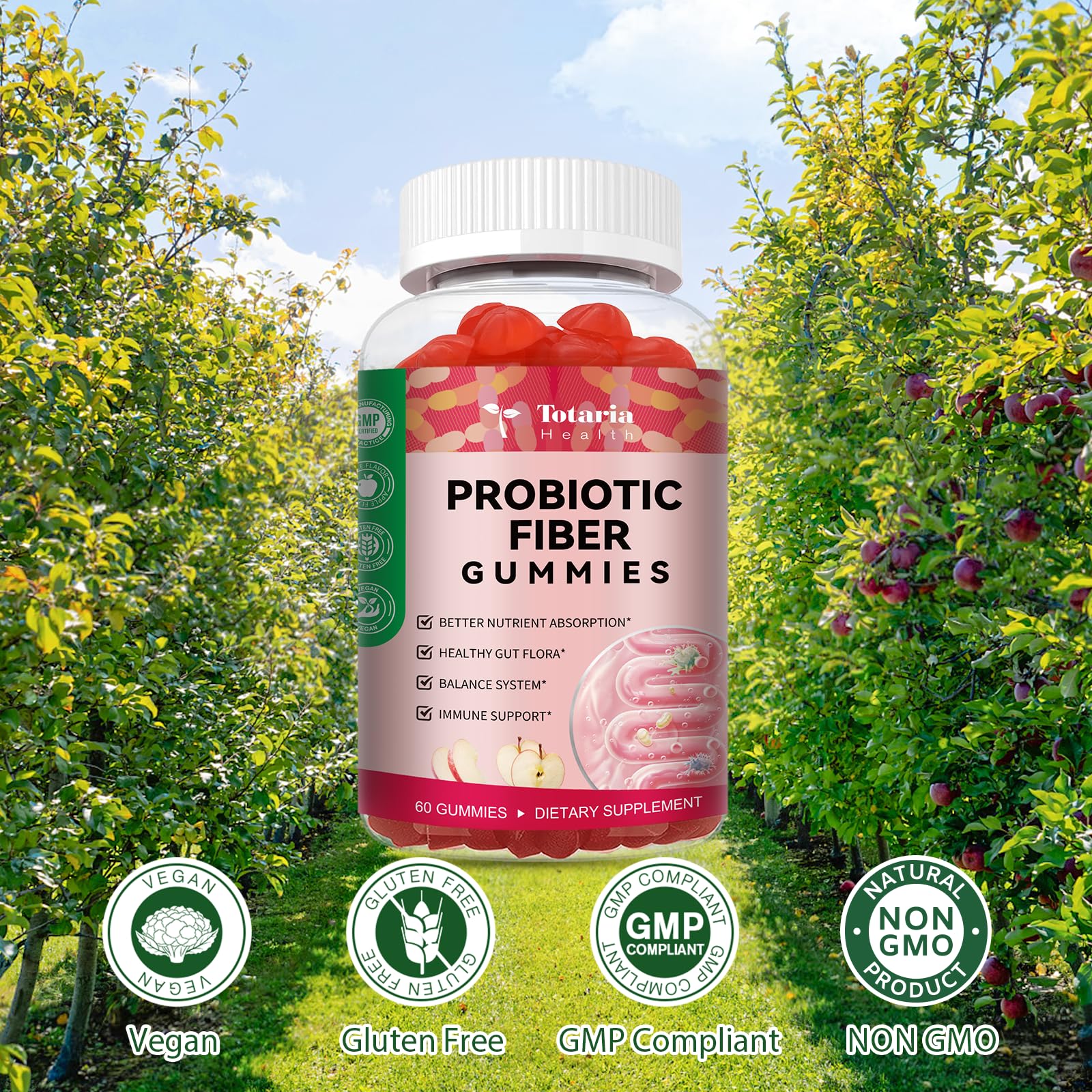 9-in-1 Sugar-free Probiotic Fiber Gummies for Adults Teens, Apple 2 Bottles | Fiber Supplement w/ Psyllium Husk, Bacillus Coagulans, FOS, Inulin, Apple Cider Vinegar for Digestion & Gut, Vegan