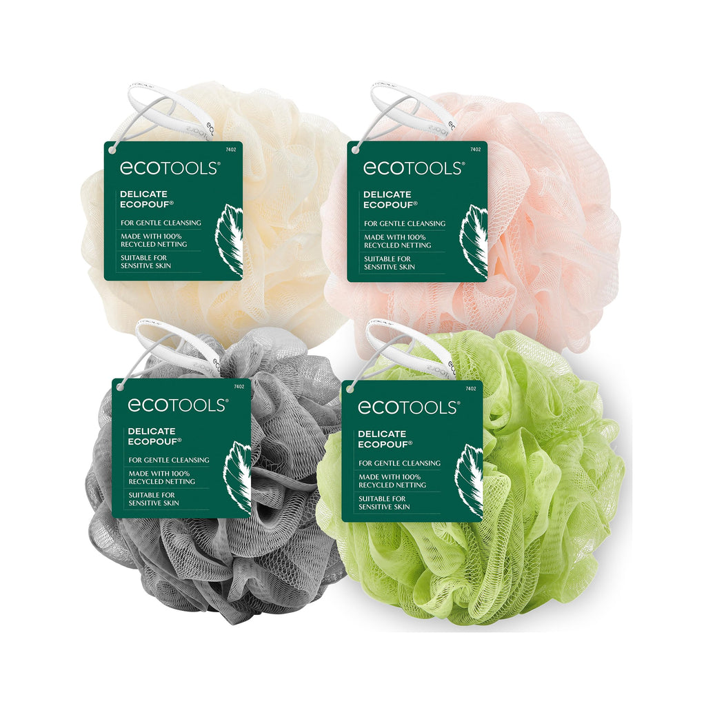 EcoTools EcoPouf 4 Pack Bath Sponge Set, Shower Poufs | Gentle exfoliation daily, shower puff sponges for body, loofah pack, recycled netting, rich lather