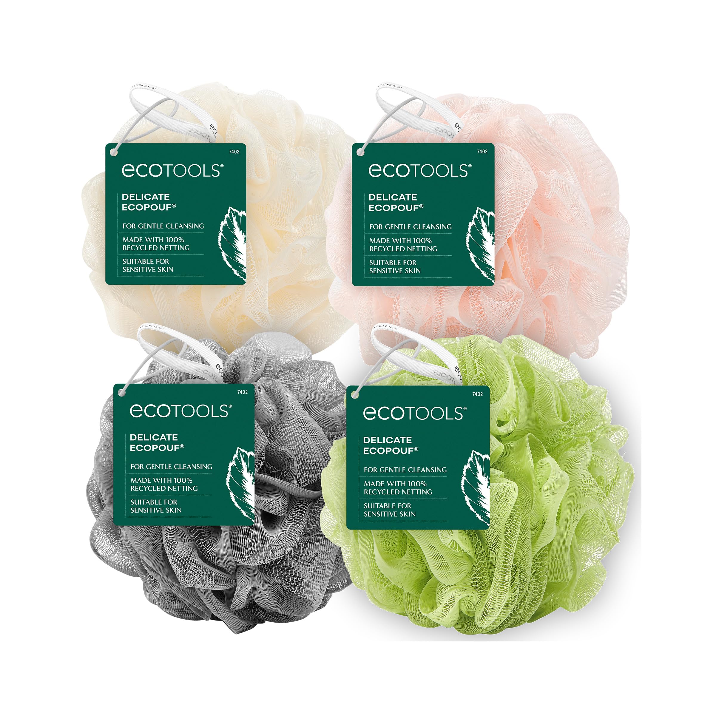 EcoTools EcoPouf 4 Pack Bath Sponge Set, Shower Poufs | Gentle exfoliation daily, shower puff sponges for body, loofah pack, recycled netting, rich lather