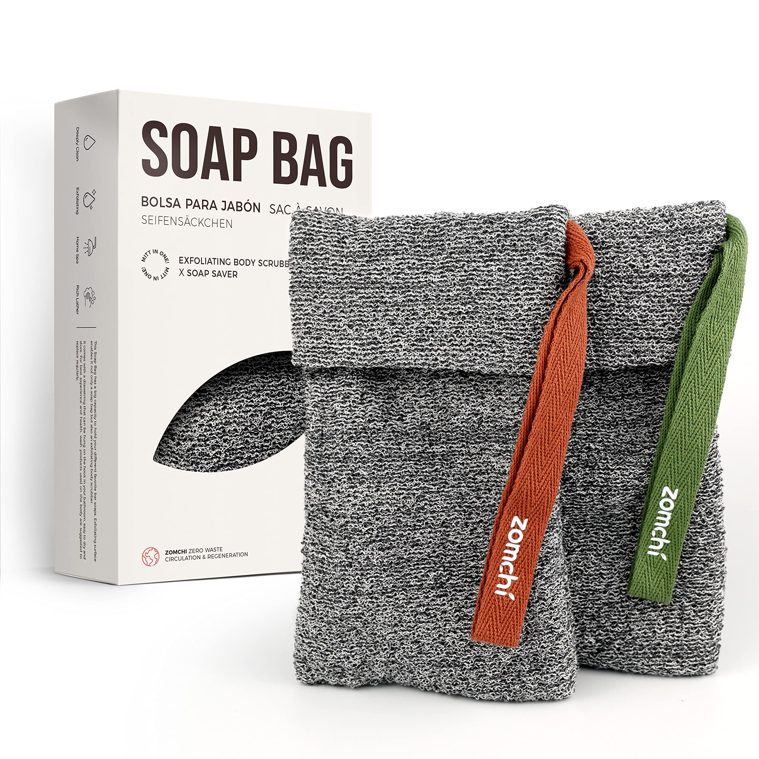 ZOMCHI Soap Saver Bags for Bar Soap, 2 Pack, Deep Texture Grey | Nylon Mesh Helps Create Rich Lather, Hanging Loop, Quick Drying Design, Roomy Pouch For Bath And Shower Routines