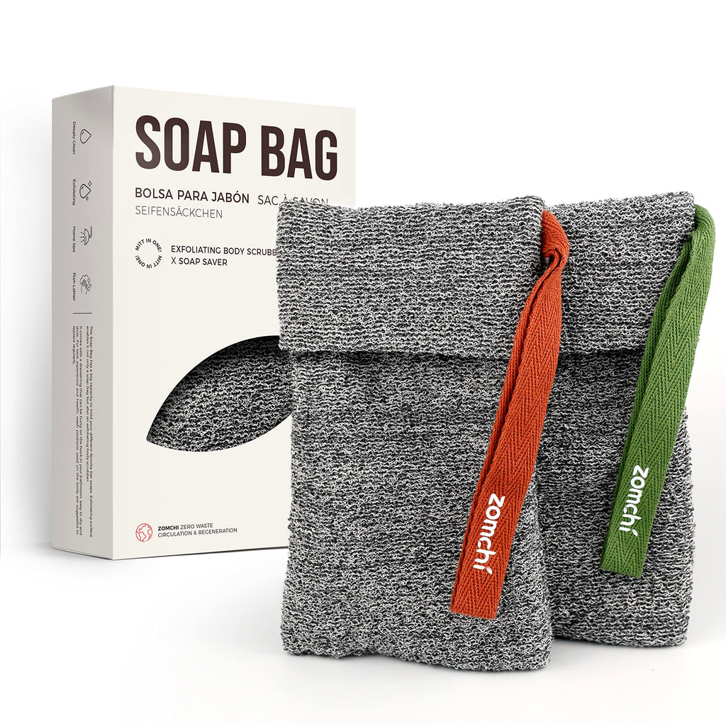 ZOMCHI Soap Saver Bags for Bar Soap, 2 Pack, Deep Texture Grey | Nylon Mesh Helps Create Rich Lather, Hanging Loop, Quick Drying Design, Roomy Pouch For Bath And Shower Routines