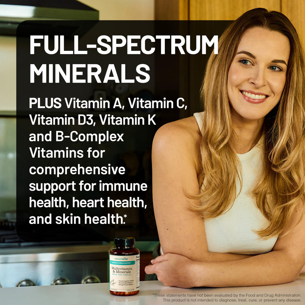 NatureWise Multivitamin for Women + Stress Support with Organic Whole Foods & Natural Minerals - B-Complex + Vitamin C + D3 K2 for Immunity, Hair, Skin & Nails - Non-GMO - 60 Capsules[30-Day Supply]