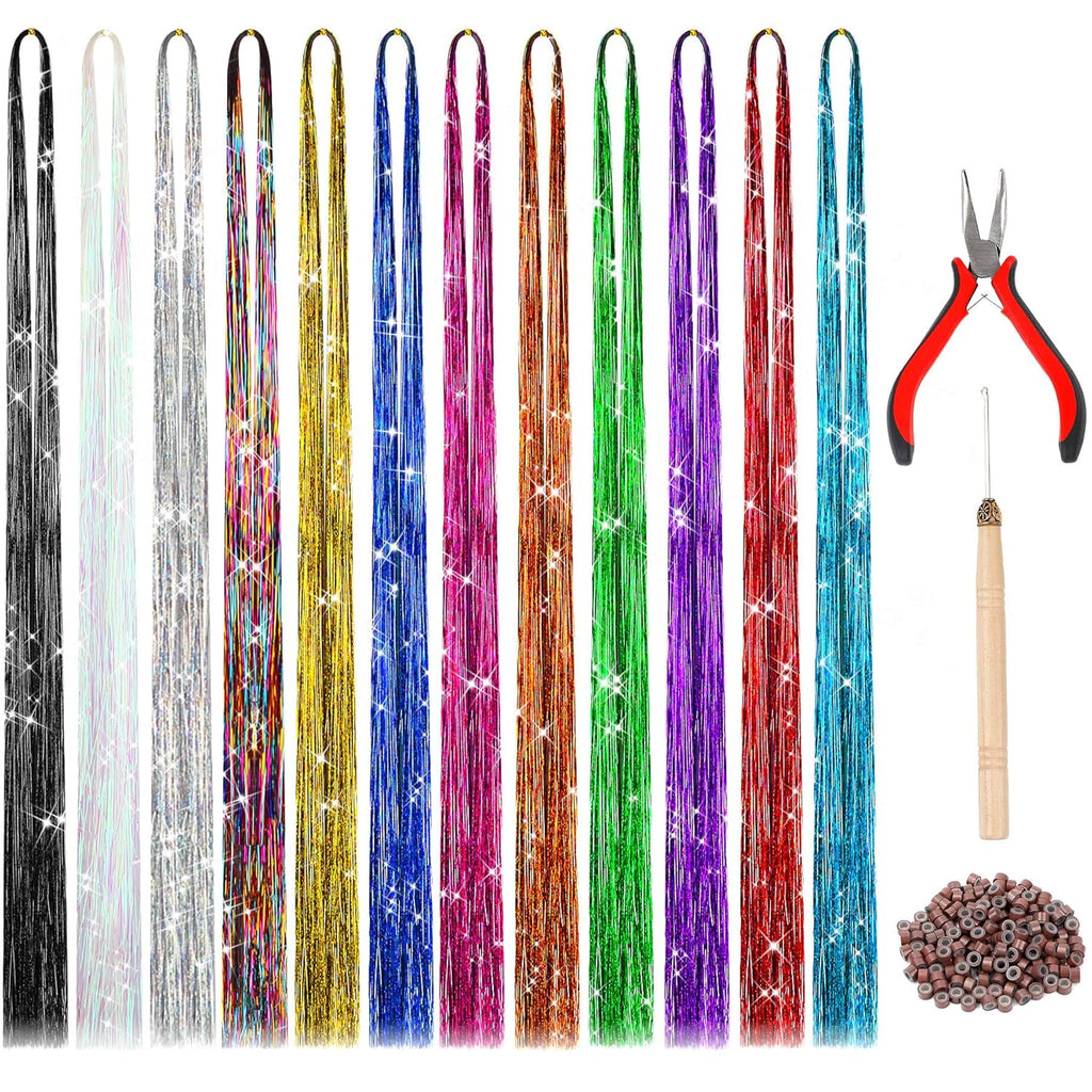 Buy now FEBSNOW 47 Inches Tinsel Hair Extension with Tool 12 Colors 2400 Strands Hair Extension Tinsel Kit Glitter Hair Extensions for Women Girls Hair Accessories for Christmas New Year Cosplay Party at indiglob india