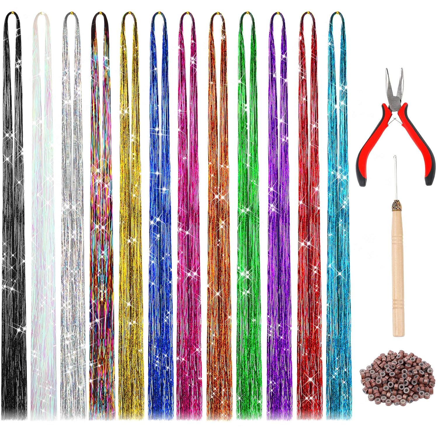 Buy now FEBSNOW 47 Inches Tinsel Hair Extension with Tool 12 Colors 2400 Strands Hair Extension Tinsel Kit Glitter Hair Extensions for Women Girls Hair Accessories for Christmas New Year Cosplay Party Multi 12 colors at indiglob india