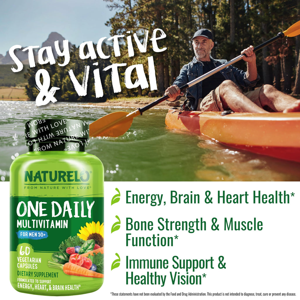 NATURELO Multivitamin for Men 50+ - One Daily, 60 Vegetarian Capsules | Vitamins, Minerals & Organic Whole Foods, Boost Energy and Health, Non-GMO