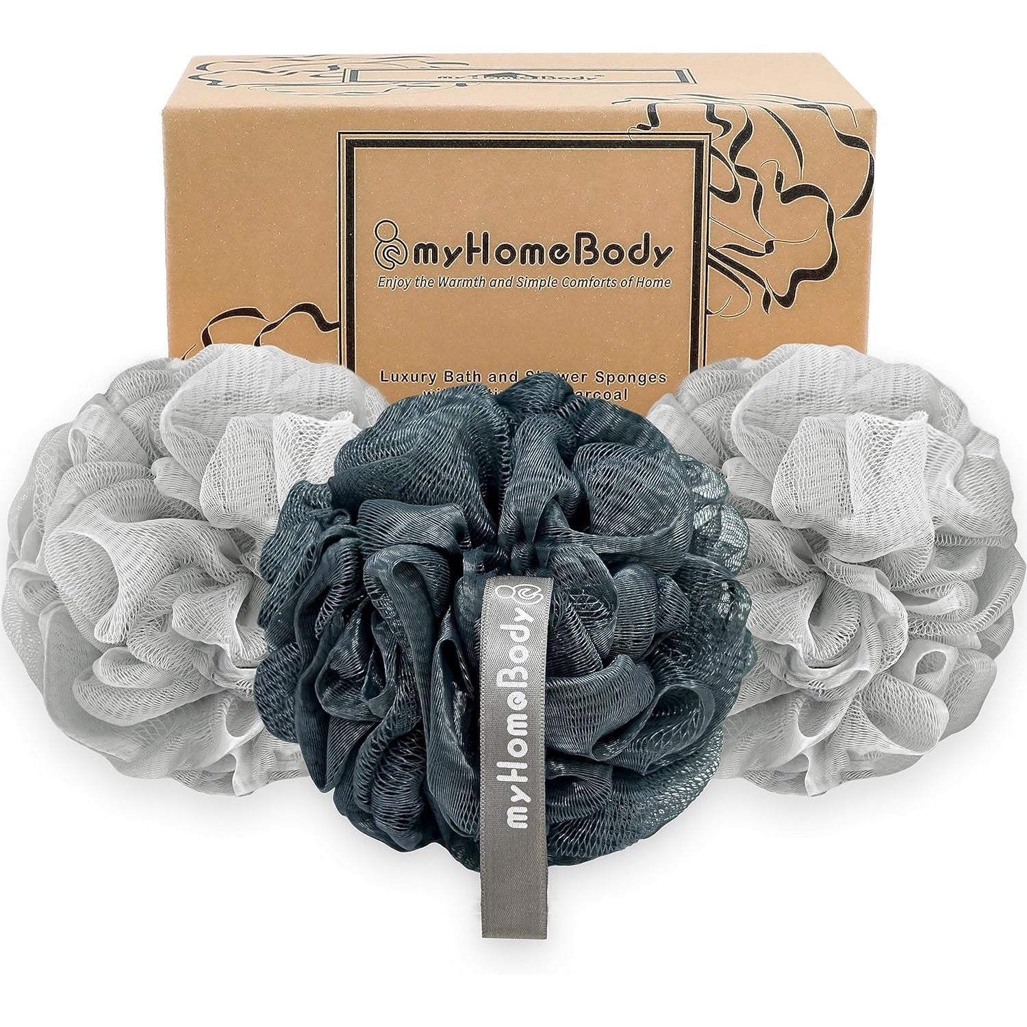 Buy now myHomeBody Large 70g Loofah Sponge, Bath Body Scrubber for Women, Men, Exfoliating Shower Pouf with Activated Charcoal - 2 Graphite Gray + 1 Sage Green, 3 Pack 2 Fog Gray + 1 Midnight Blue at indiglob india