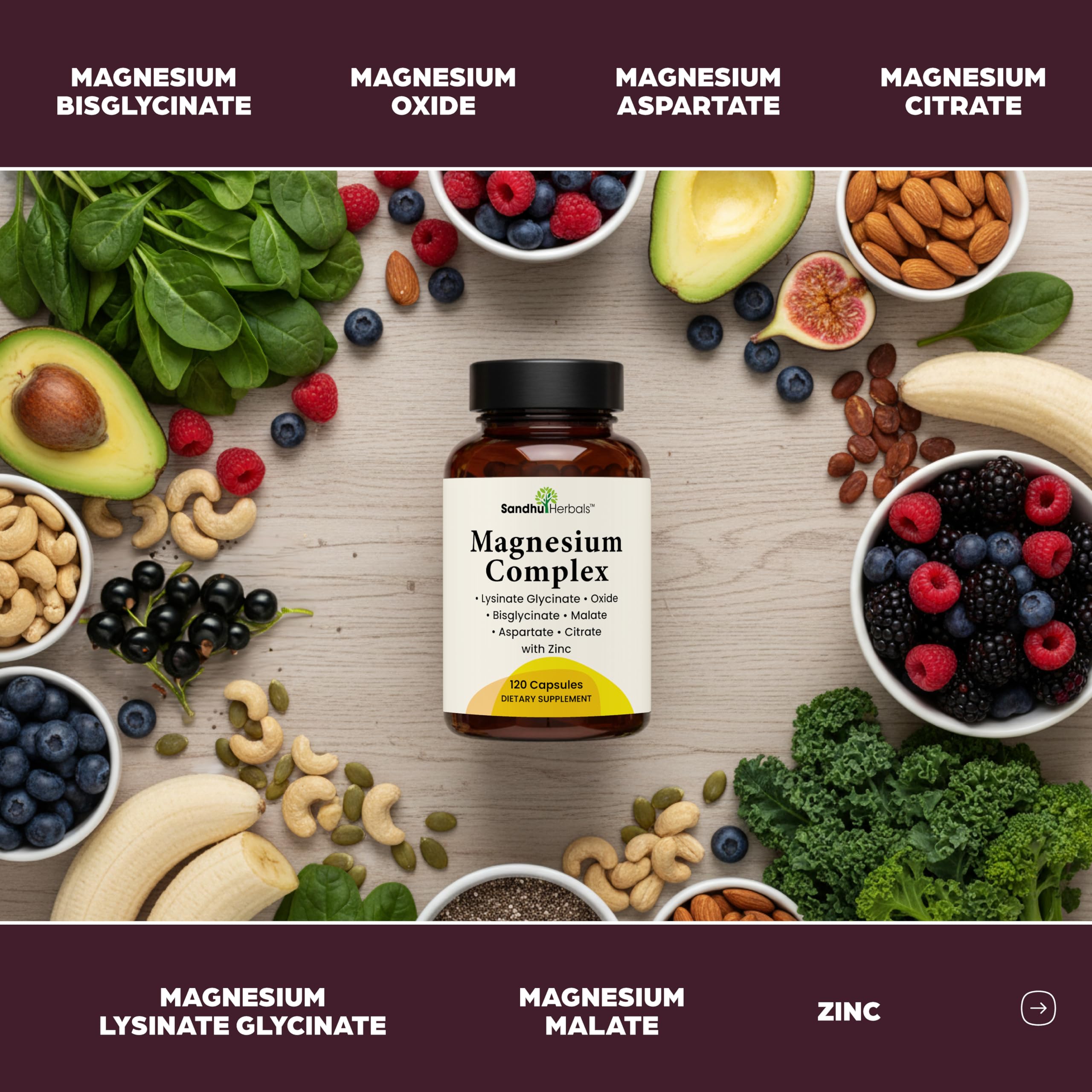 Complete Magnesium Complex 500mg for Women & Men 6-in-1 with Zinc 120 Ct | 3rd Party Tested Active Supplement with Mag Glycinate For Good Sleep, Relaxation & Energy, Made in USA By Sandhu Herbals