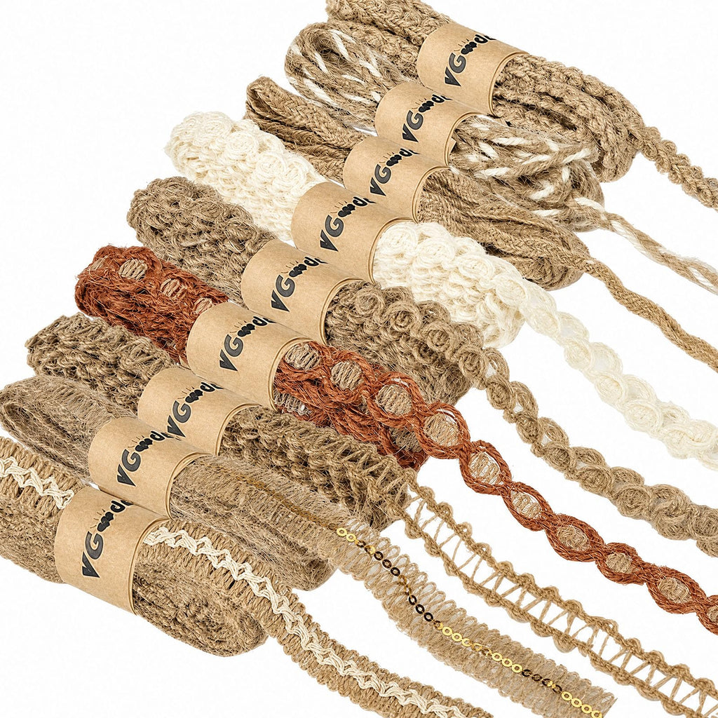 VGOODALL 9Rolls Jute Ribbons Lace Craft Ribbon, 18Meters Rustic Burlap Trim