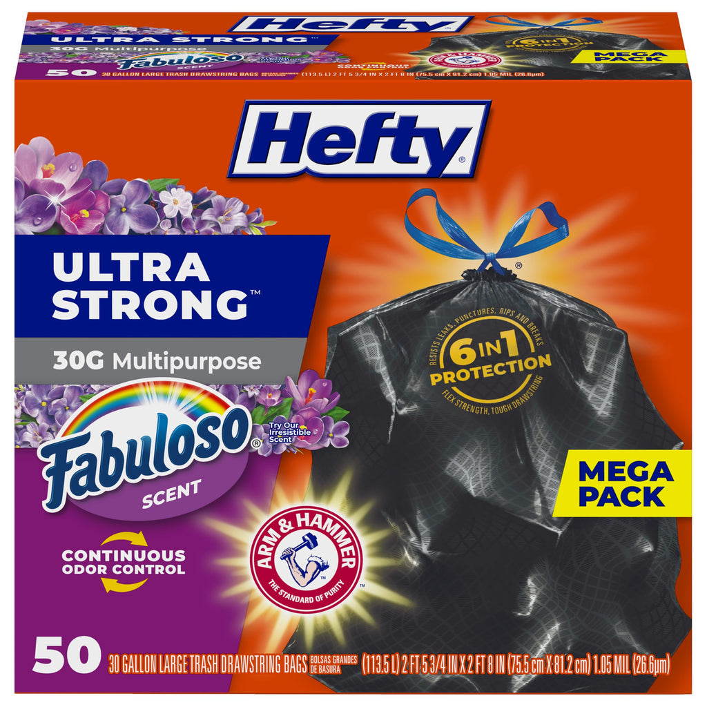 Hefty Ultra Strong 30 Gal Large Trash Bags, Black, Fabuloso Lavender, 50ct