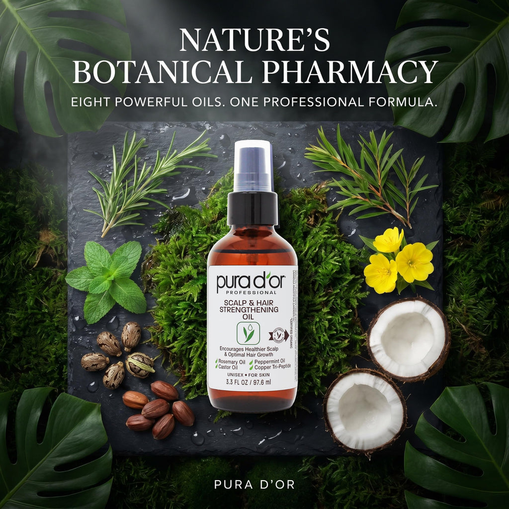 PURA D'OR Scalp & Hair Strengthening Oil Supports Optimal Growth, Reduce Breakage, Nourish Roots for Healthier, Fuller, Thicker Hair - Rosemary, Castor & Peppermint Oil: 3.3 Oz Ayurvedic Hair Care