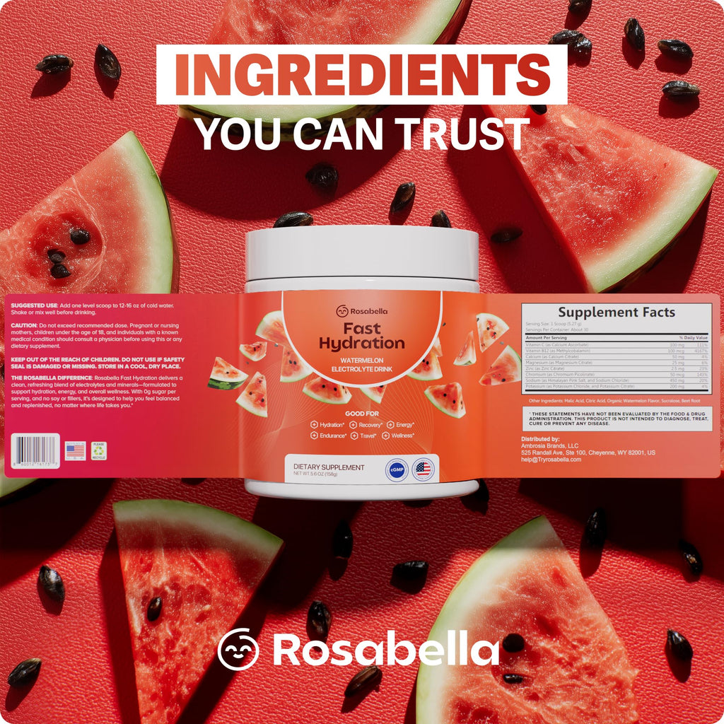 Rosabella Electrolyte Drink Powder – Watermelon – Sugar-Free Hydration Drink Mix – Electrolytes Powder with Sodium, Potassium, Magnesium, Calcium – Travel Jar – 30 Servings (5.6 oz)