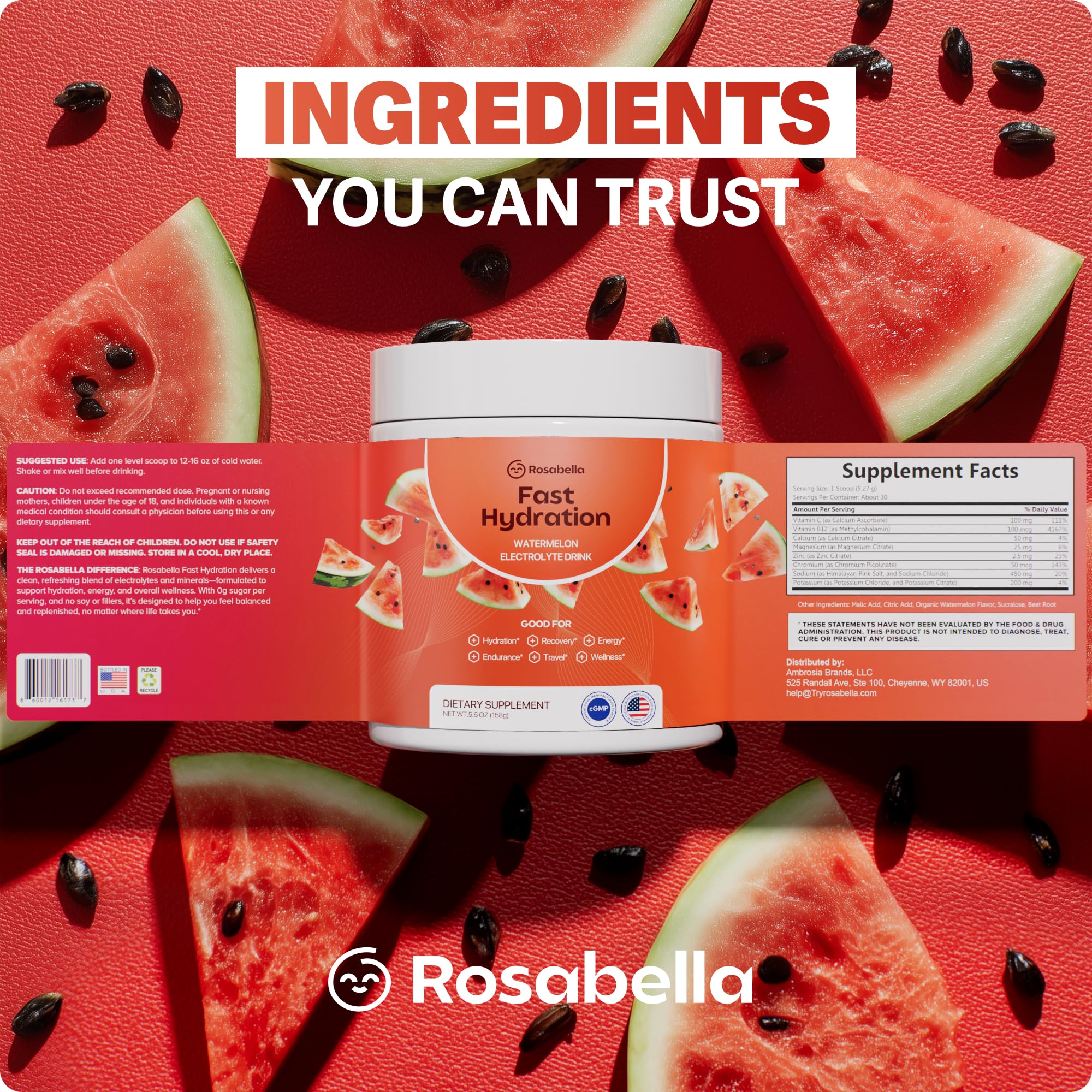 Rosabella Electrolyte Drink Powder – Watermelon – Sugar-Free Hydration Drink Mix – Electrolytes Powder with Sodium, Potassium, Magnesium, Calcium – Travel Jar – 30 Servings (5.6 oz)