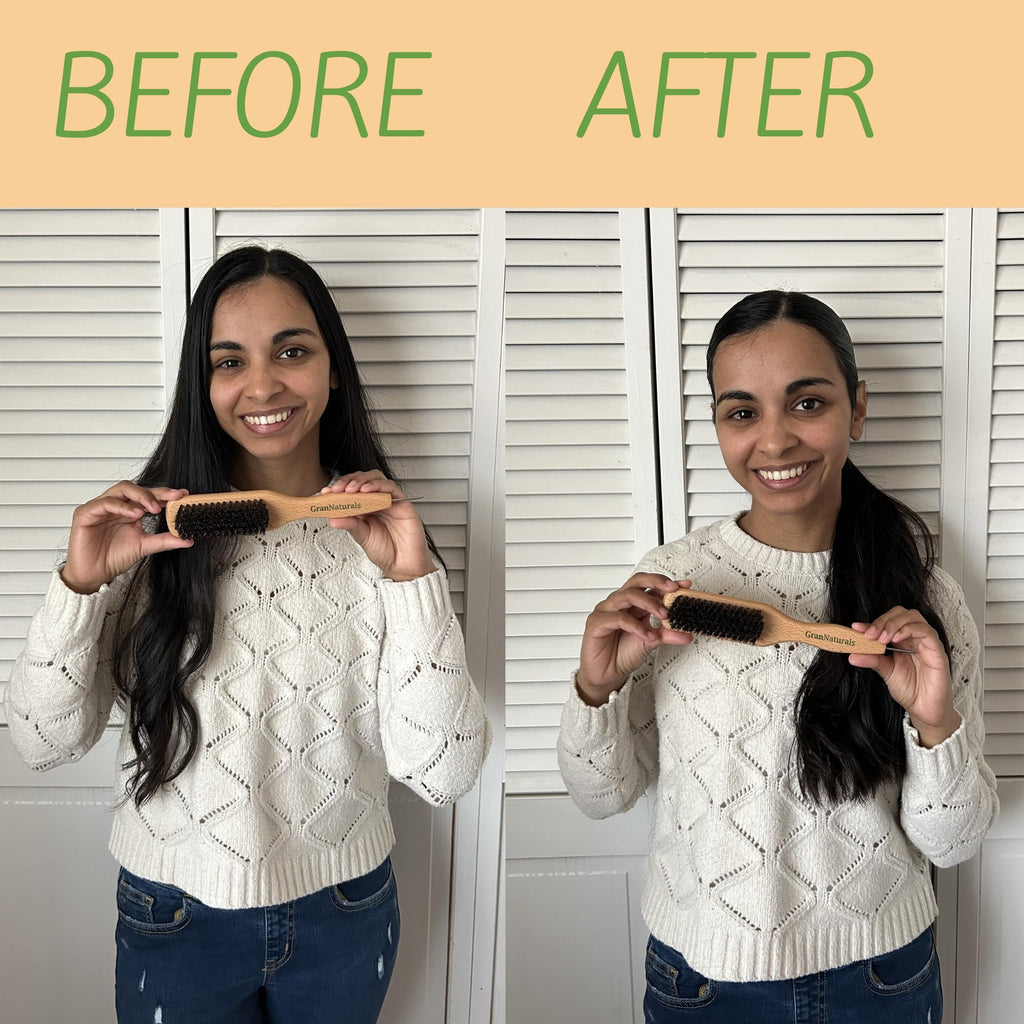 GranNaturals Smoothing & Styling Middle Part Boar Bristle Slick Back Hair Brush w/ Narrow Metal Rat Tail End for Sectioning and Parting Sleek Ponytail Bun - Teasing, Backcombing, Edge Control