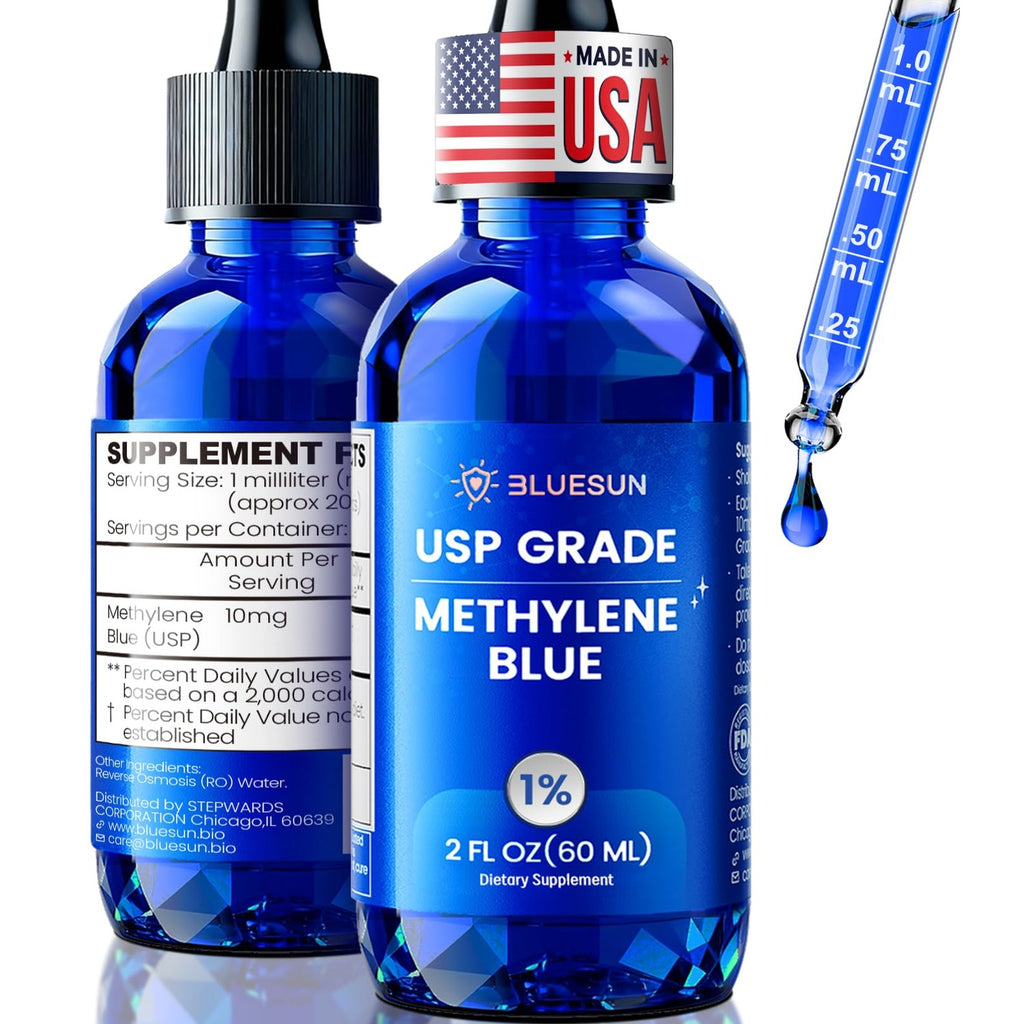 Bluesun Methylene Blue Drops 1% Pharmaceutical Grade - USA Made, Formaldehyde-Free, 3rd-Party Tested, USP Purity, GMO-Free, Alcohol-Free, COA included - 2 Fl Oz(60mL) Cobalt Blue Glass 10mg/mL, 2 Pack