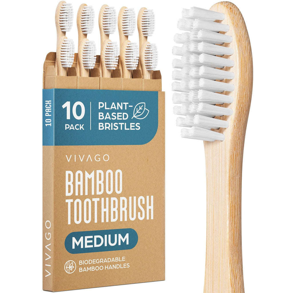 VIVAGO Bamboo Toothbrushes 10 Pack – Plant-Based Medium Bristles
