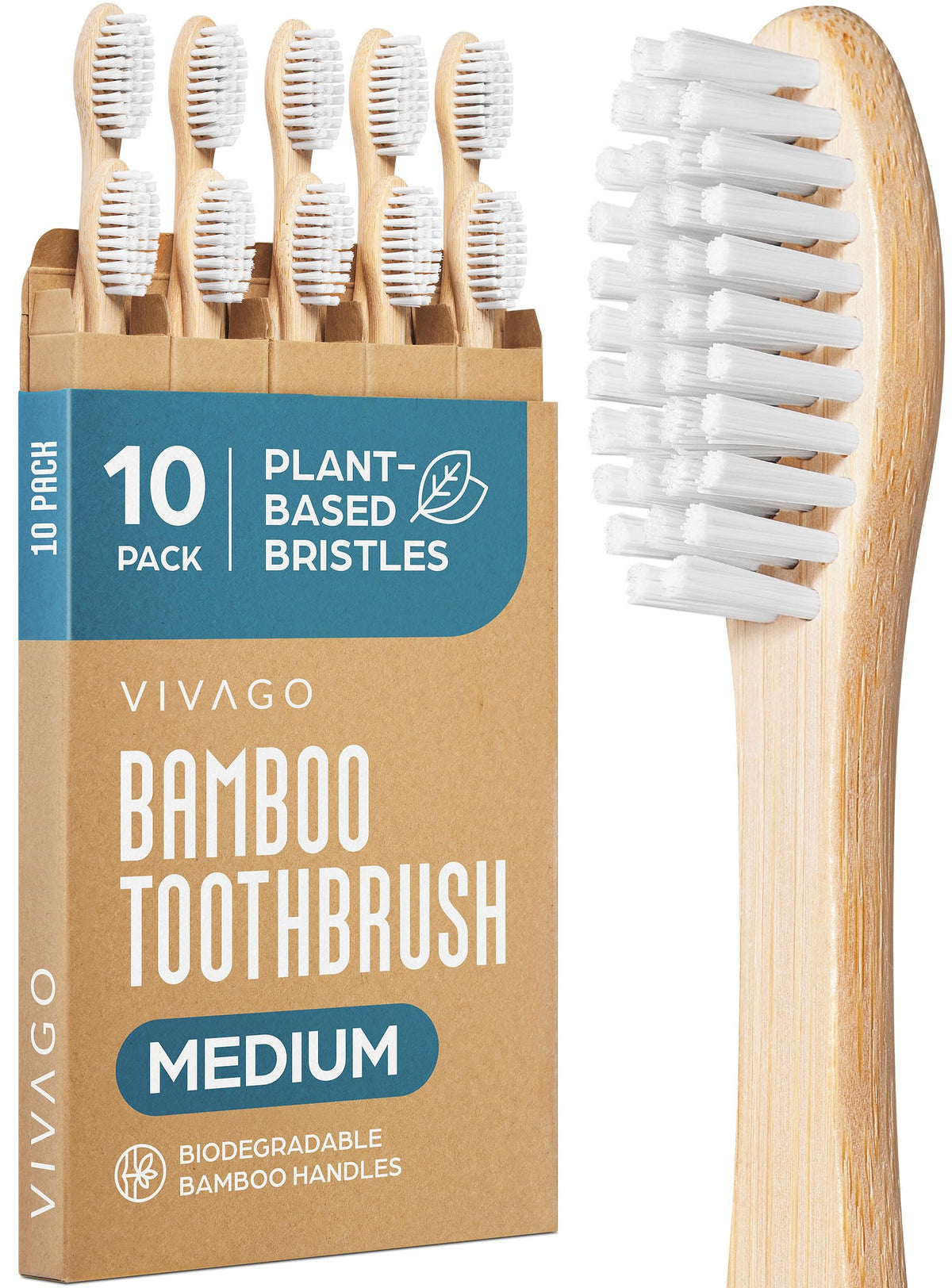 VIVAGO Bamboo Toothbrushes 10 Pack – Plant-Based Medium Bristles