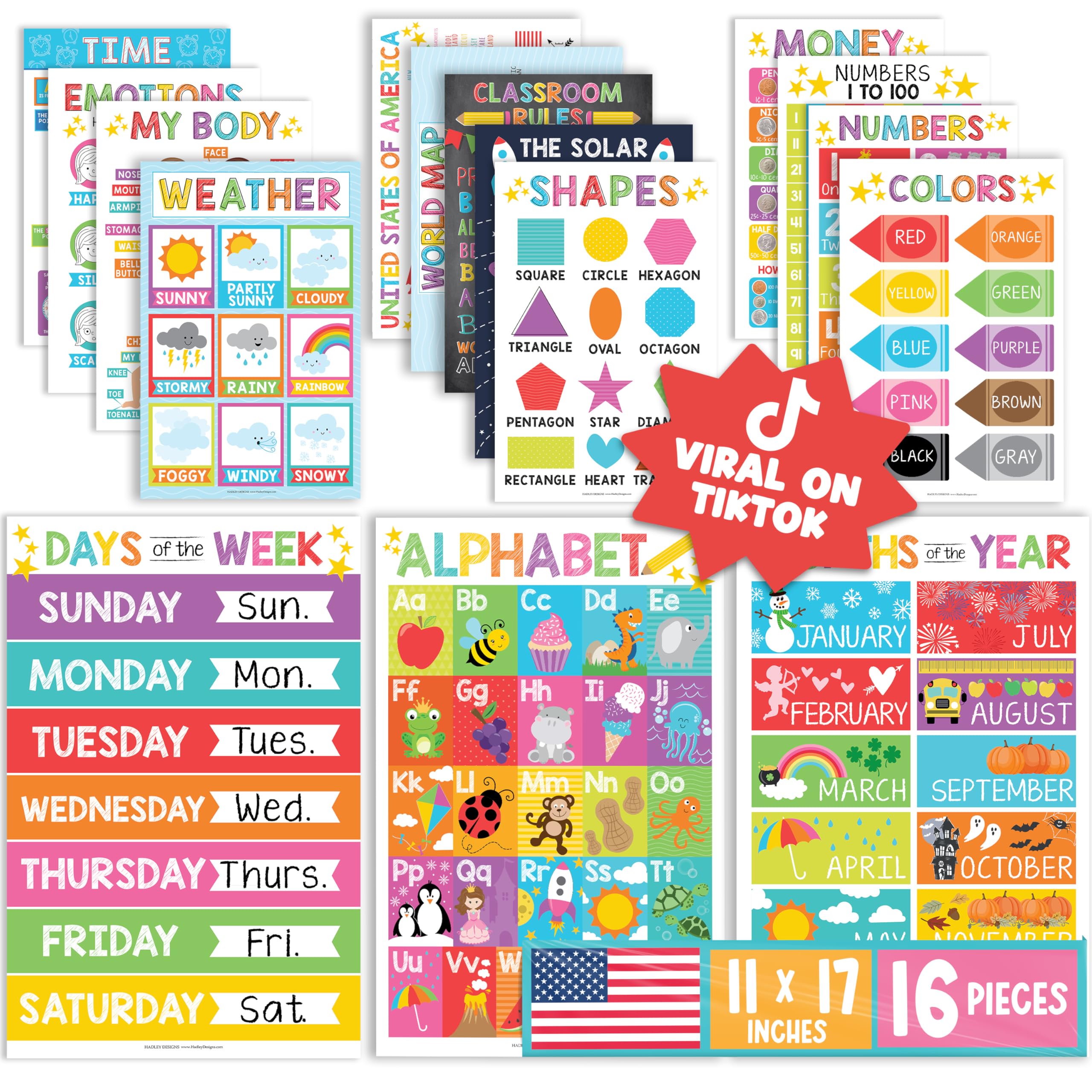 Buy now Hadley Designs 16 Educational Posters for Classroom Decor - Colorful Educational Posters for Toddlers 1-3, Toddler Learning Poster for Kids Ages 3-5, Kindergarten & Preschool Classroom Must Haves Colorful Classic at indiglob india