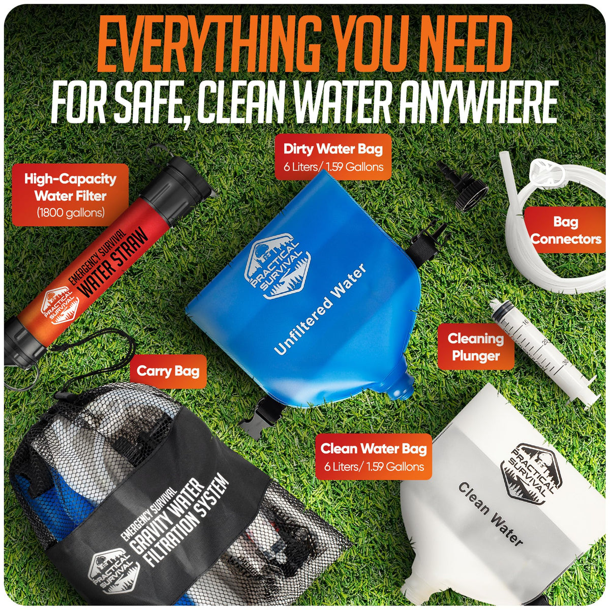 Gravity Water Filtration System – 2 High Capacity Lightweight Hanging Bags for Backpacking, Camping, Survival, Hiking, Hunting - Dirty, Clean Water Bags, Water Filter and Cleaning Plunger Included