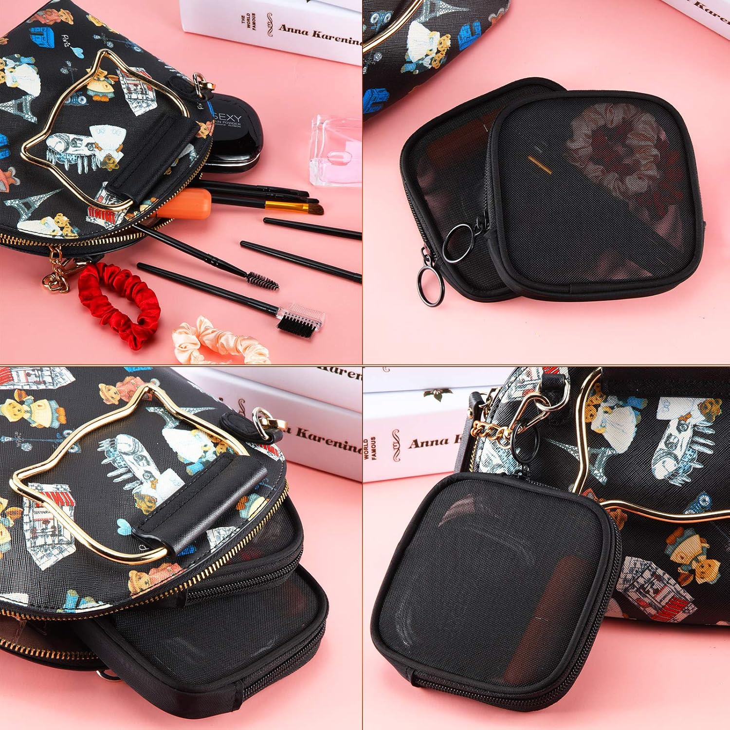 Buy now Weewooday 4 Pcs Mesh Makeup Bag Mesh Cosmetic Bag Travel Toiletry Pouch with Zipper Mini Makeup Cosmetic Purse for Daily Accessory(Small,Black) at indiglob india