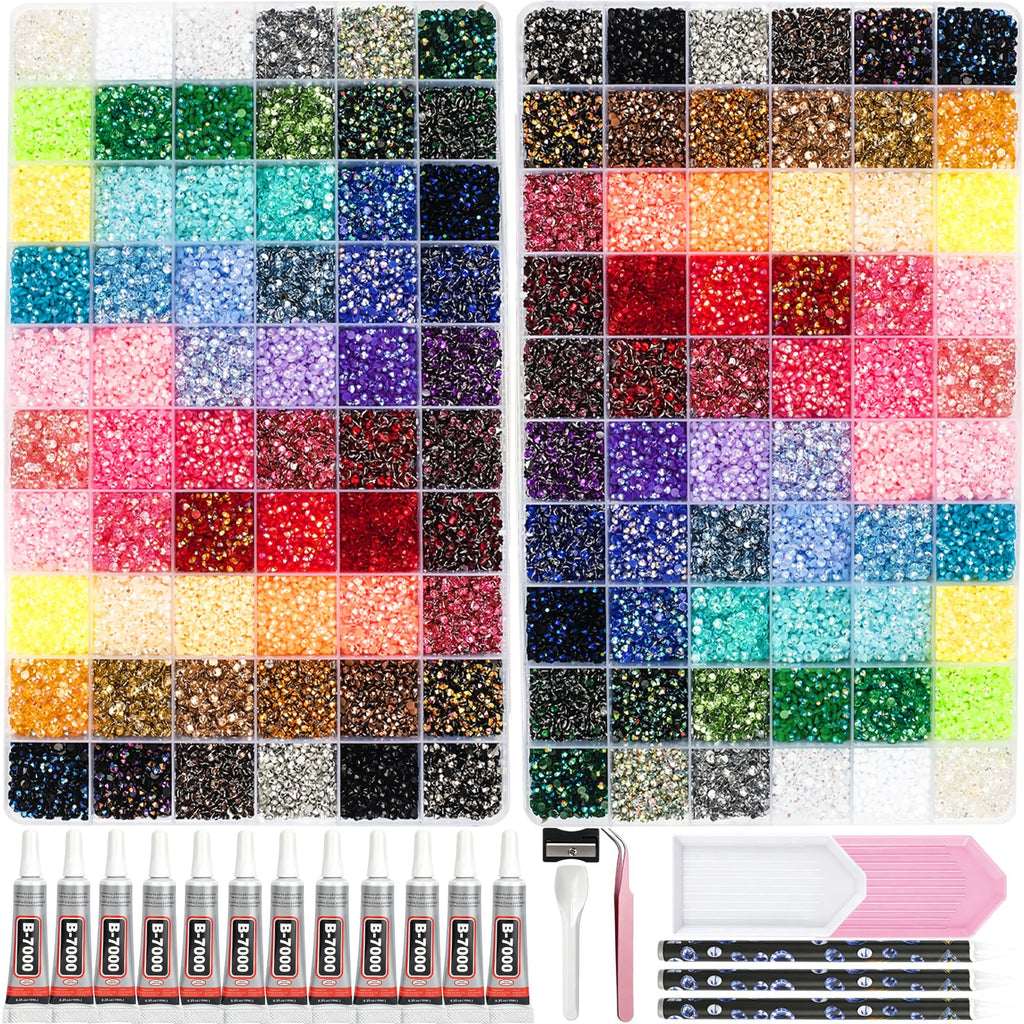 50000+Pcs Rhinestones for Bedazzling Kit 3mm Gems Bedazzler Set | 40 Colors Flat Back Resin Jelly Bedazzled Kits with 3Pcs 10ml B7000 Jewelry Glue for Book Diamond Nail Art, Multicolor