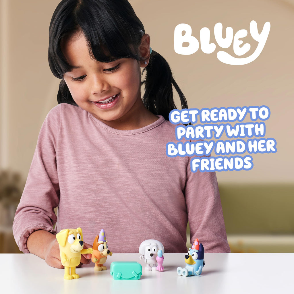 Buy now Bluey Pass The Parcel Figurine Toys Pack of 4, Character Toys with Bingo, Lucky’s Dad, and Lila Figures, Small Action Figures for Kids Ages 3+ at indiglob india