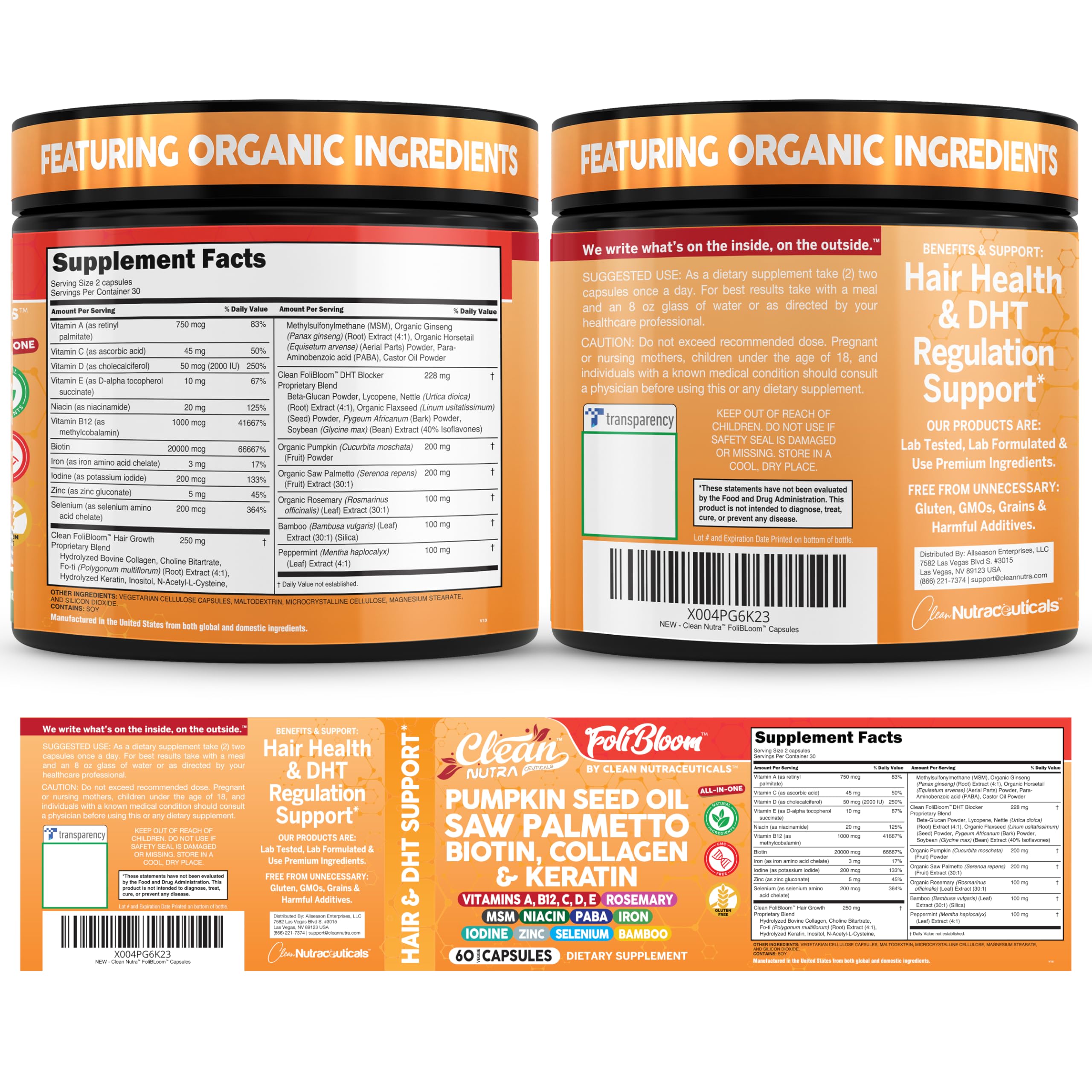 Clean Nutra Pumpkin Seed Oil Capsules + Saw Palmetto Biotin Collagen Keratin MSM Folate Hyaluronic Acid Supplements B12 Zinc Hair Supplement for Women Men Iodine 5-MTHF B-12 Vitamin B9-60 Pills