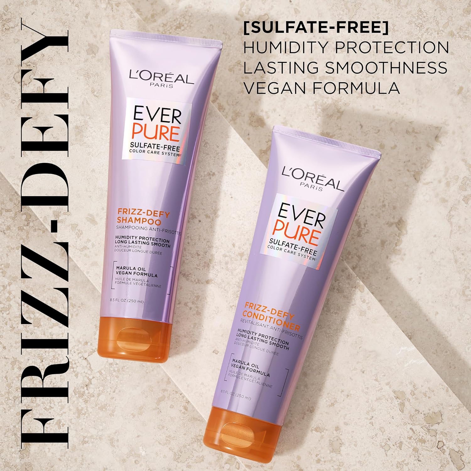 Buy now L'Oreal Paris Sulfate Free Frizz Defy Conditioner, Frizz Control Hair Care with Marula Oil, EverPure, 8.5 Fl Oz (Packaging May Vary) at indiglob india