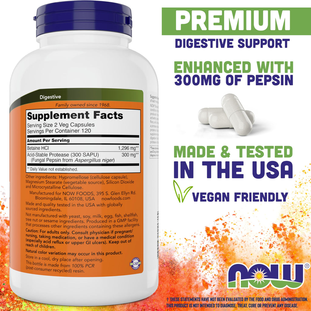 Now Betaine HCl 648mg 240 Veg Capsules - Digestive Enzymes Supplement - Enhanced with Pepsin Protease for Protein Digestion Support