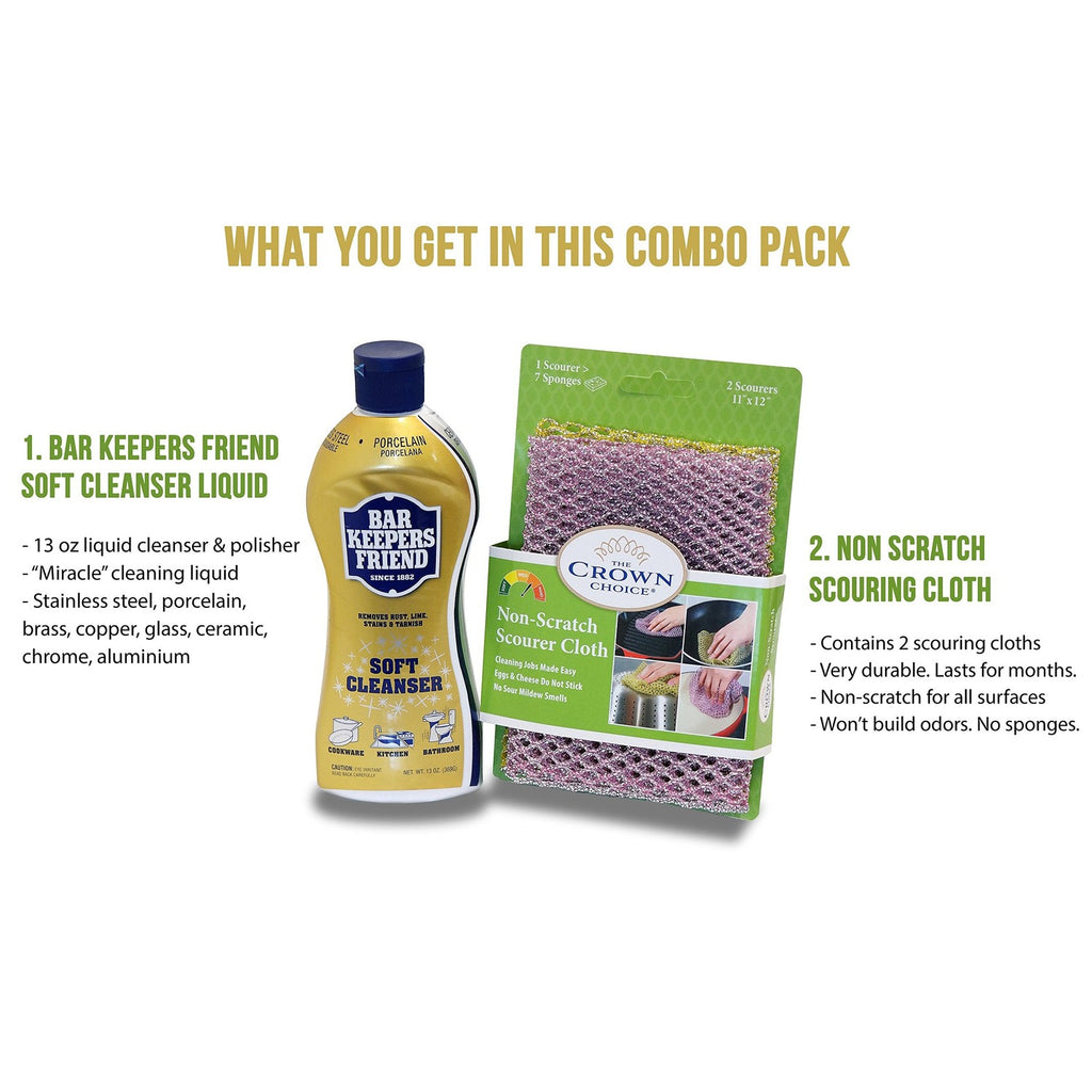 BAR KEEPERS FRIEND Soft Cleanser Liquid (13 OZ) and Non Scratch Scouring Scrubber Kit | Multipurpose, Stainless Steel, Rust, Soft Cleaner with Heavy Duty Non Scratch DishCloth