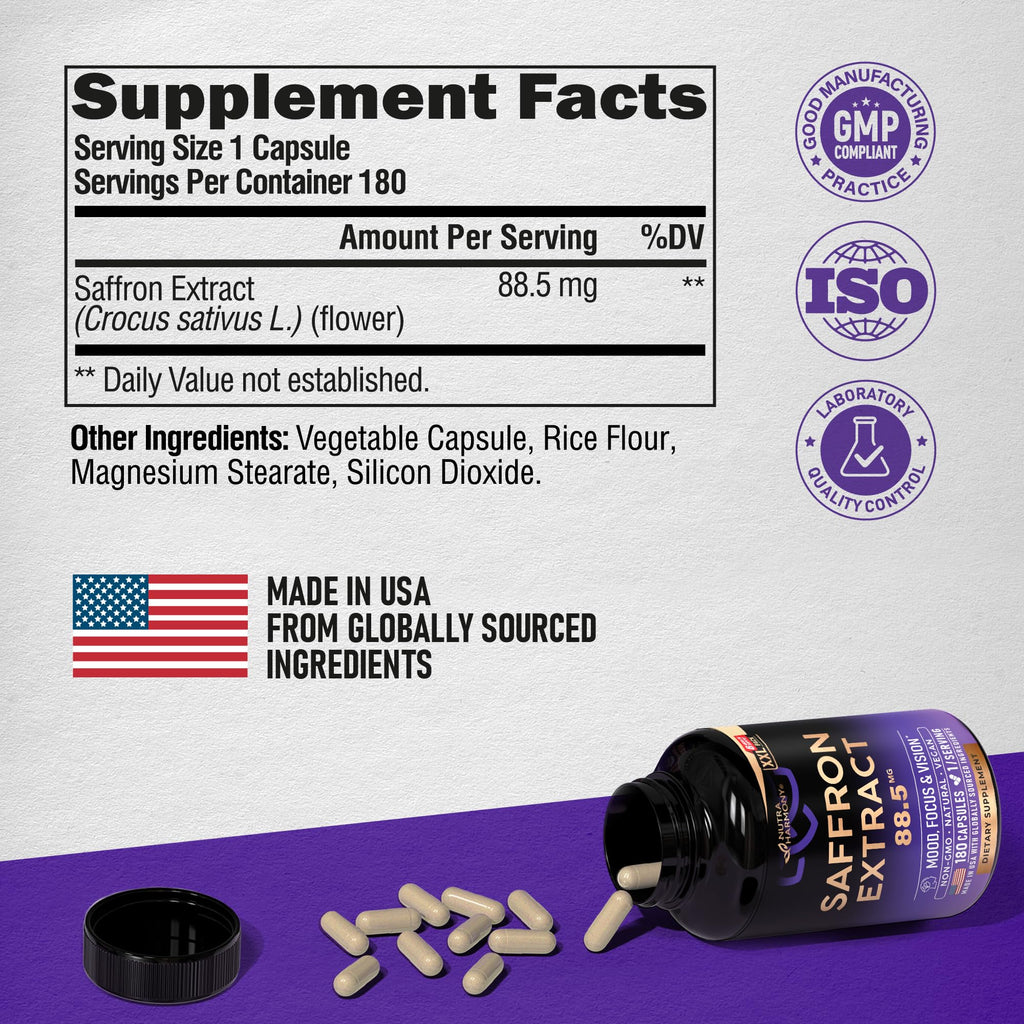 Saffron Supplements - Saffron Extract 88.5mg - Mood & Vision - 180 Capsules | Pure Saffron - Energy Support & Eye Health for Women & Men - Lab Tested - NonGMO Vegan Pills - 180-Day Supply