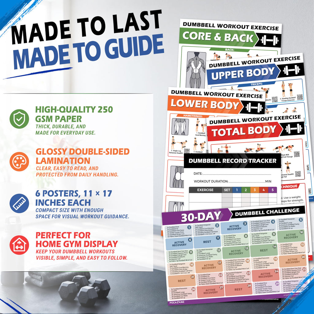 POCAZONE Dumbbell Workout Posters, 6 Pack Exercise Charts & Video Guide