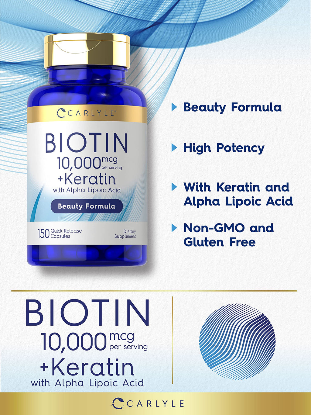 Carlyle Biotin 10000mcg | 150 Capsules | Beauty Formula with Keratin