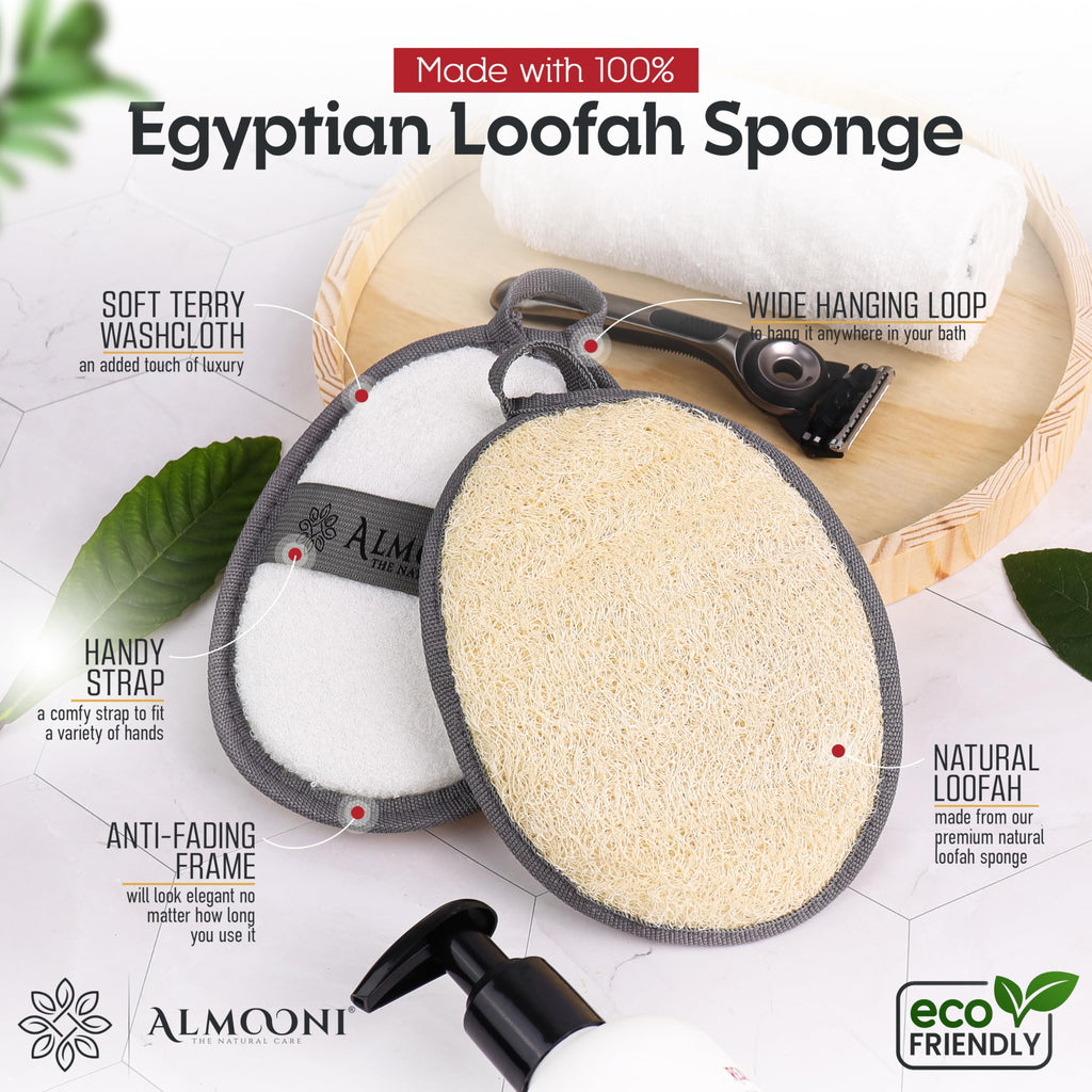 ALMOONI Loofah Sponge Body Scrubber for Men, Gray, 2 Count | Natural Egyptian Loofah with Handle Strap, Dual-Sided with Cotton Back, Exfoliating Body Scrubber Loofah for Men