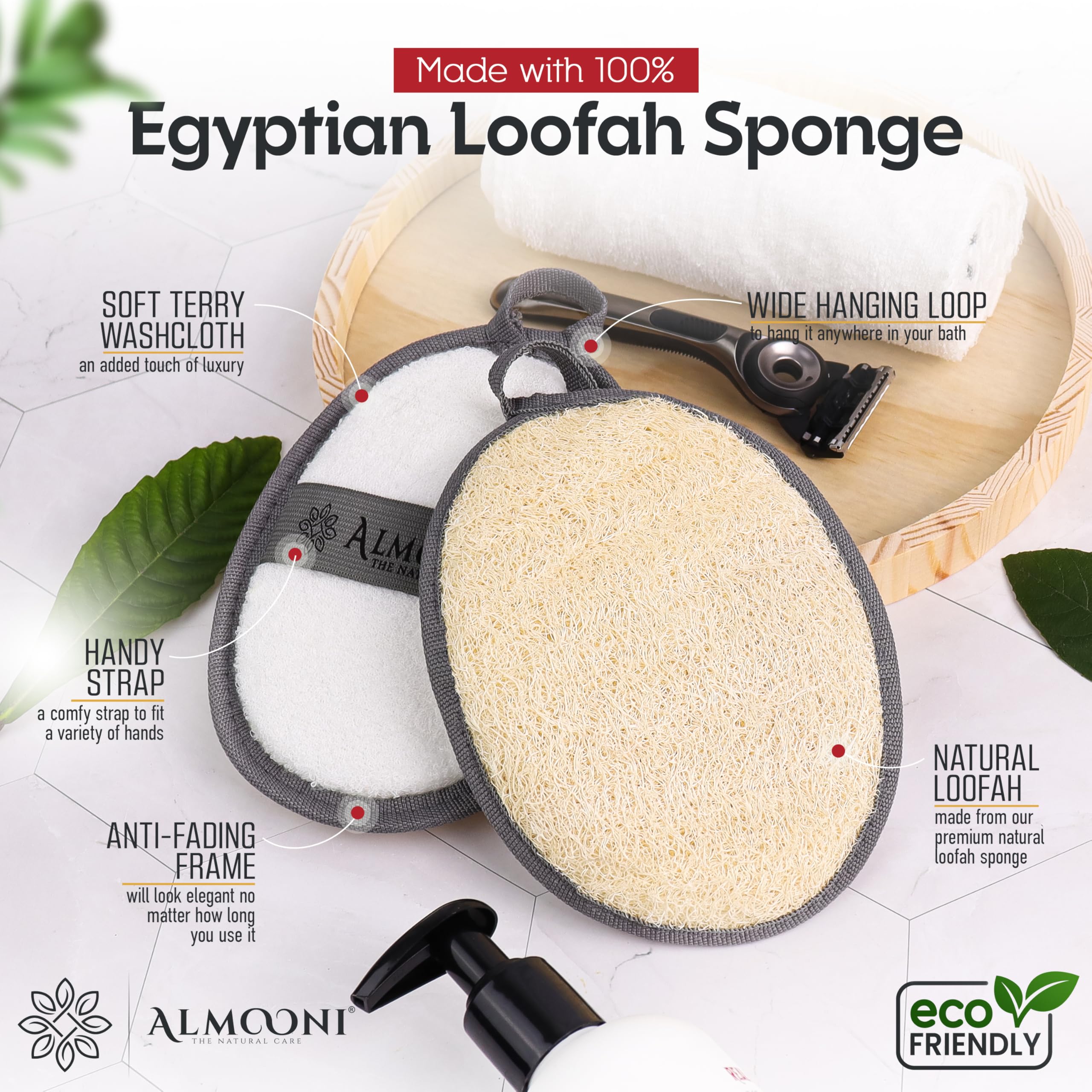 ALMOONI Loofah Sponge Body Scrubber for Men, Gray, 2 Count | Natural Egyptian Loofah with Handle Strap, Dual-Sided with Cotton Back, Exfoliating Body Scrubber Loofah for Men