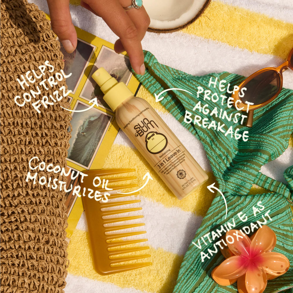 Sun Bum Revitalizing Leave In Conditioner Detangler Spray - 1.5 oz (3-Pack) | Anti Frizz, Color Friendly, UV Protecting, Enriched with Coconut Oil and Banana, Vegan, Travel Friendly