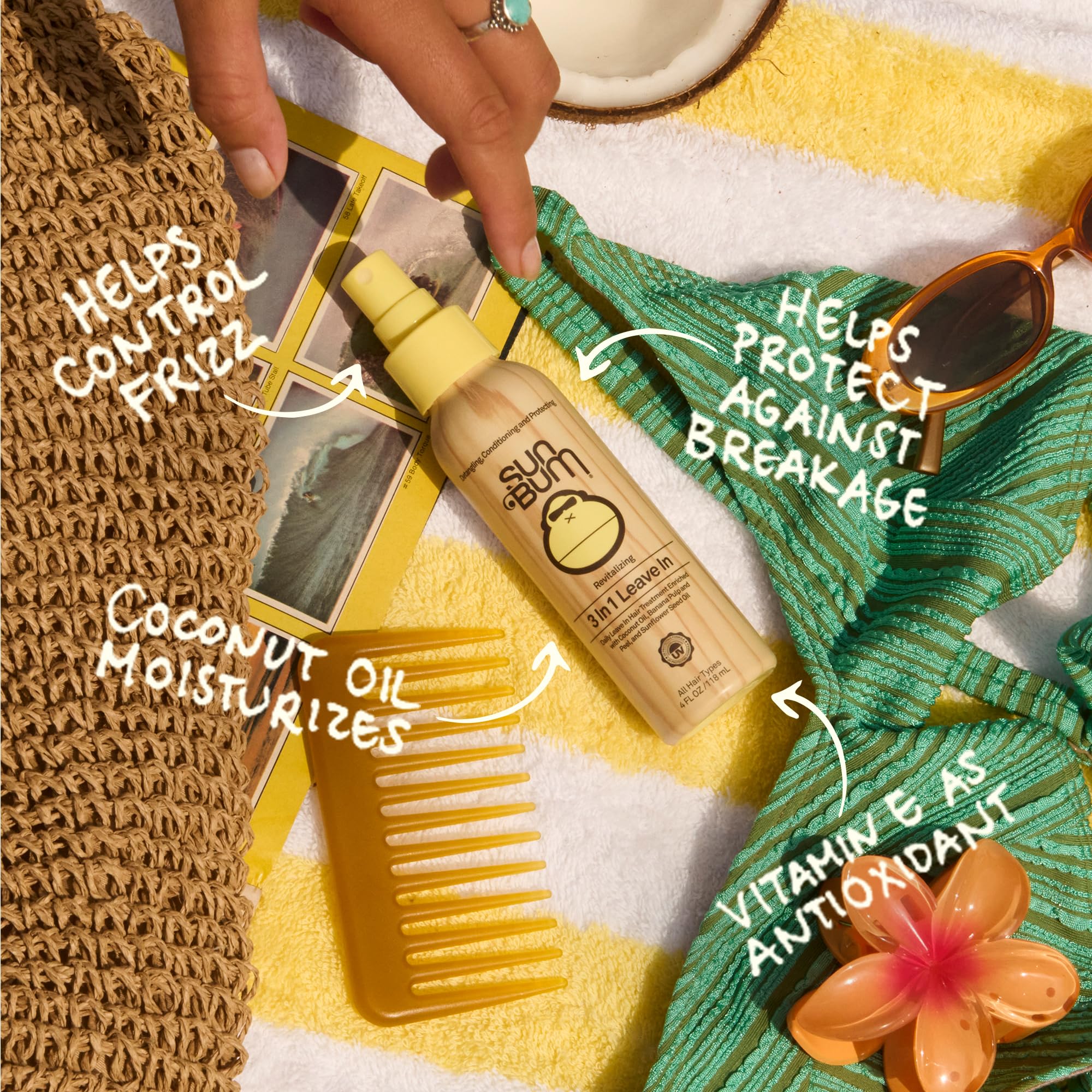 Sun Bum Revitalizing Leave In Conditioner Detangler Spray - 1.5 oz (3-Pack) | Anti Frizz, Color Friendly, UV Protecting, Enriched with Coconut Oil and Banana, Vegan, Travel Friendly