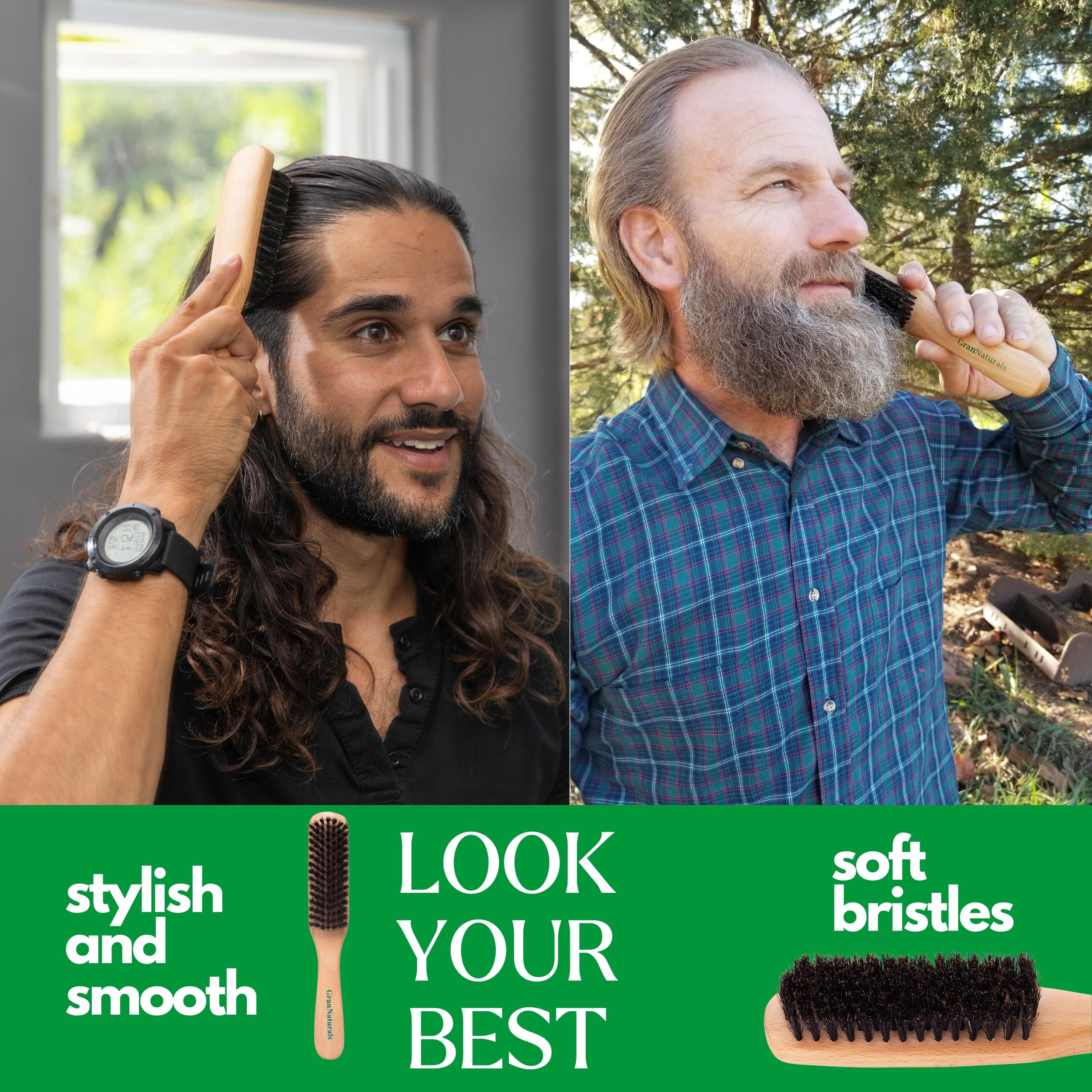GranNaturals Boar Bristle Slick Back Hair Brush - Large Soft/Medium Smoothing Hairbrush to Style, Polish, & Lay Hair Down Flat to Create a Sleek Frizz Free Hairstyle for Women and Men