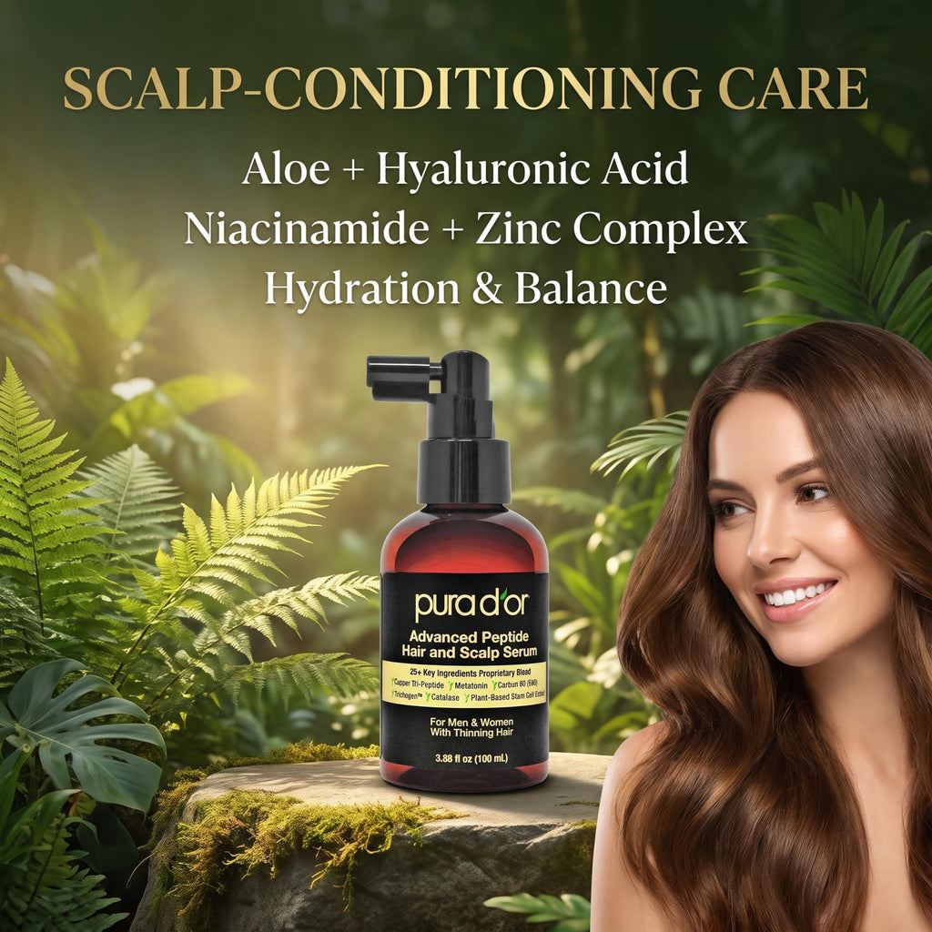 PURA D'OR Advanced Hair & Scalp Serum – For Hair Thinning with Copper Tri-Peptide, Caffeine, Botanical Extract Blend, Fuller Appearance Strands – Vegan, Men & Women 3.3 Oz Ayurvedic Hair Care