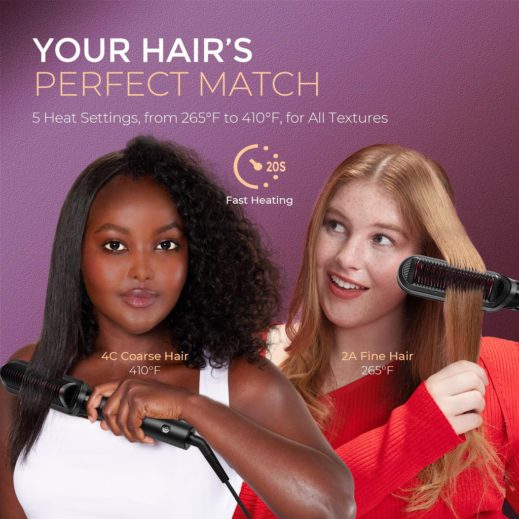 TYMO Flat Iron Hair Straightener Brush 2 in 1, 200M Ions Ceramic Hot Comb | Hair Straighteners for Women, Hair Iron for Anti-Frizz Straights, Waves, Curl, 3X Less Heat Damage, Dual Voltage, Black